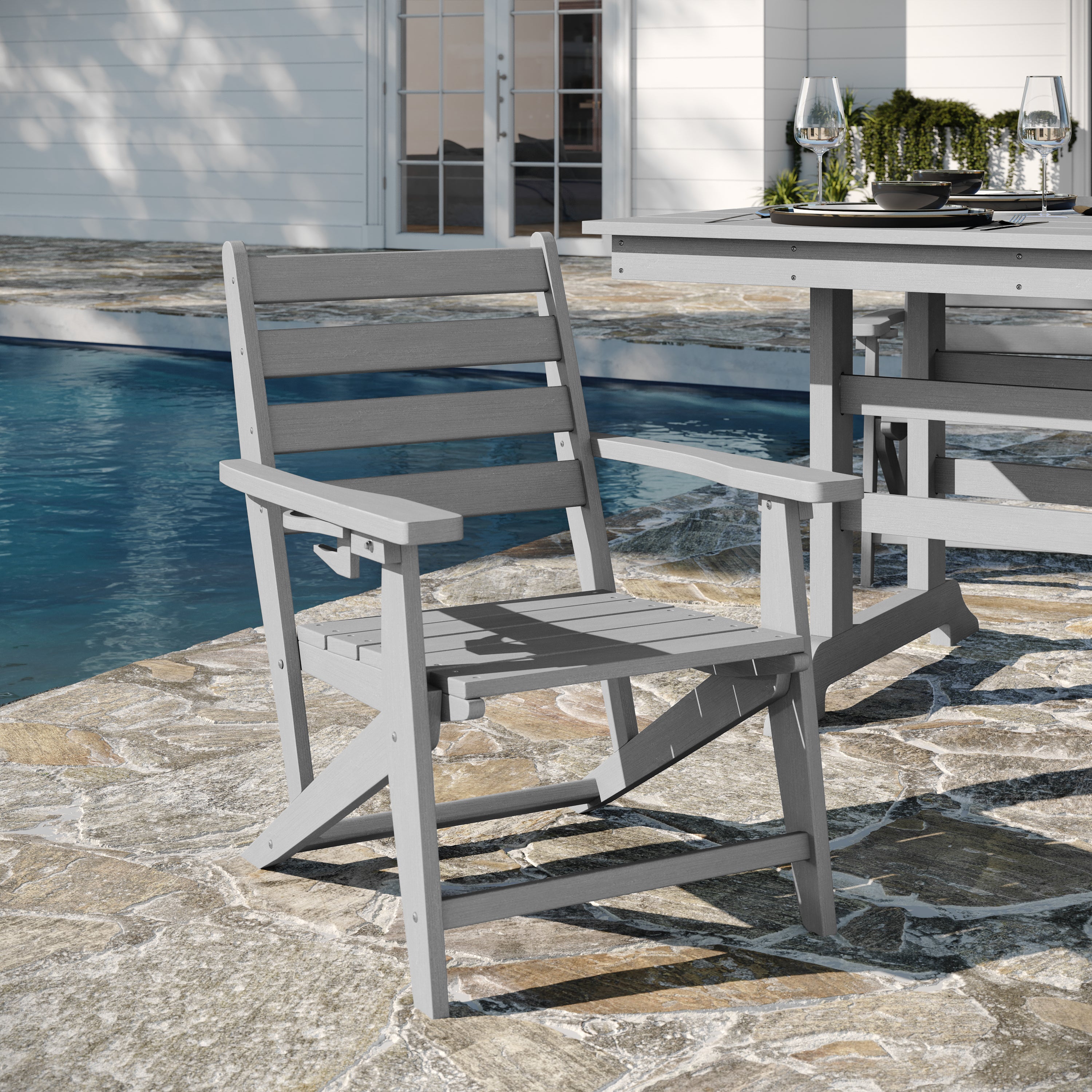 Tolleson Commercial 7 Piece Adirondack Dining Set with 72" Rectangle Indoor/Outdoor Recycled HDPE Table and 6 Chairs with Cupholders in Gray