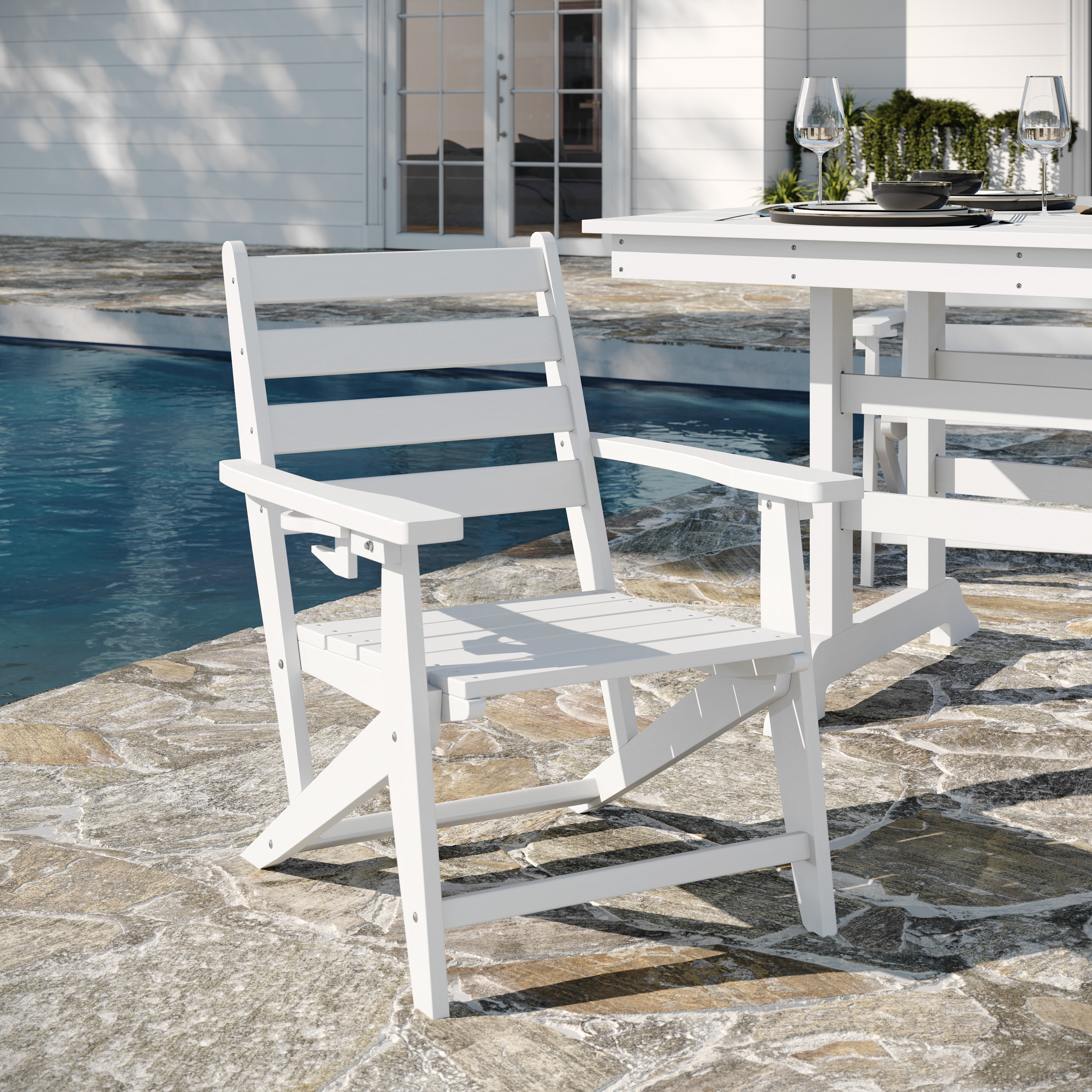 Tolleson Commercial 7 Piece Adirondack Dining Set with 72" Rectangle Indoor/Outdoor Recycled HDPE Table and 6 Chairs with Cupholders in White