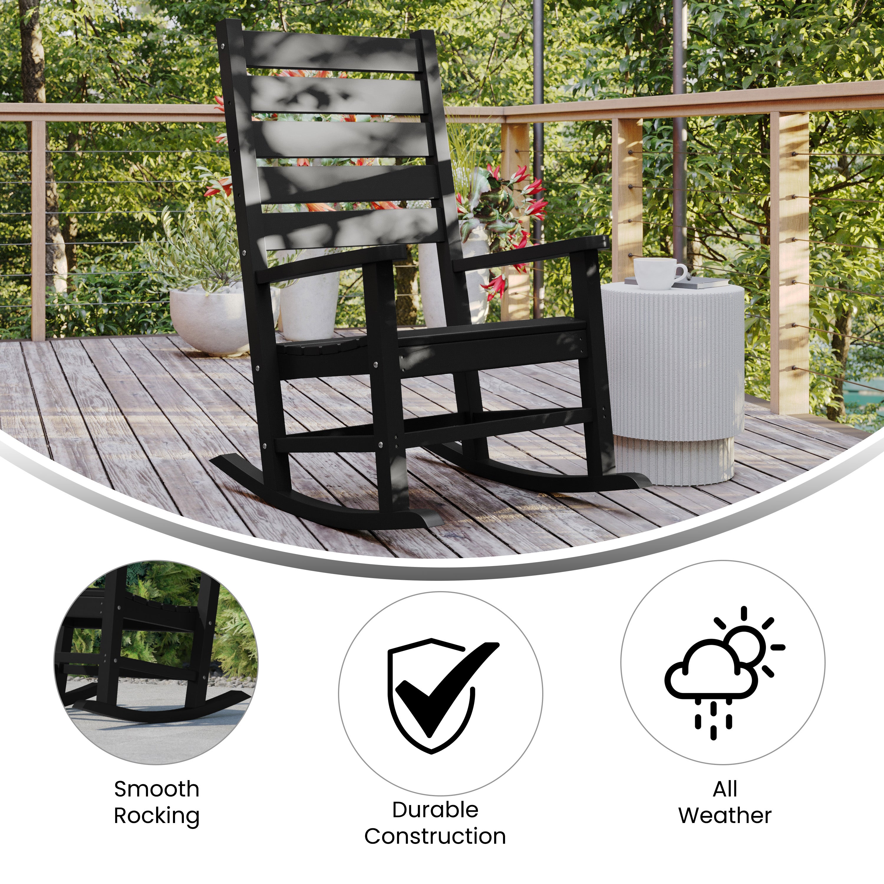 Manchester Contemporary Rocking Chair, All-Weather HDPE Indoor/Outdoor Rocker in Black