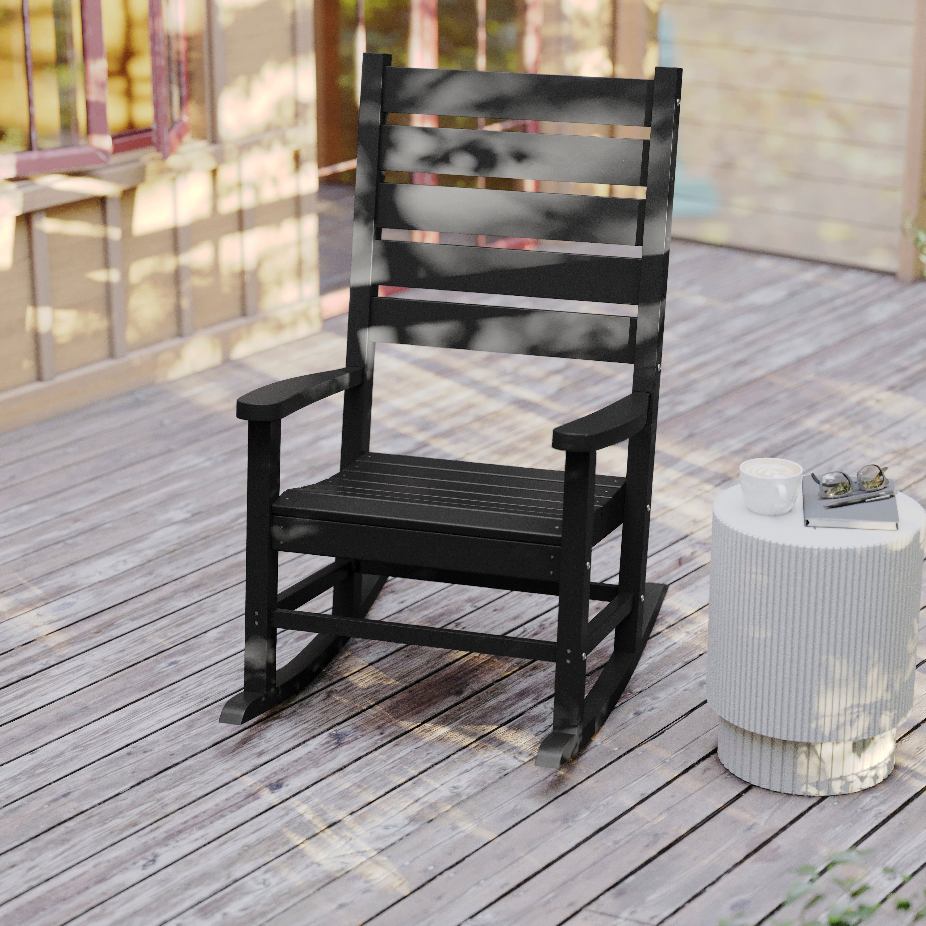 Manchester Contemporary Rocking Chair, All-Weather HDPE Indoor/Outdoor Rocker in Black