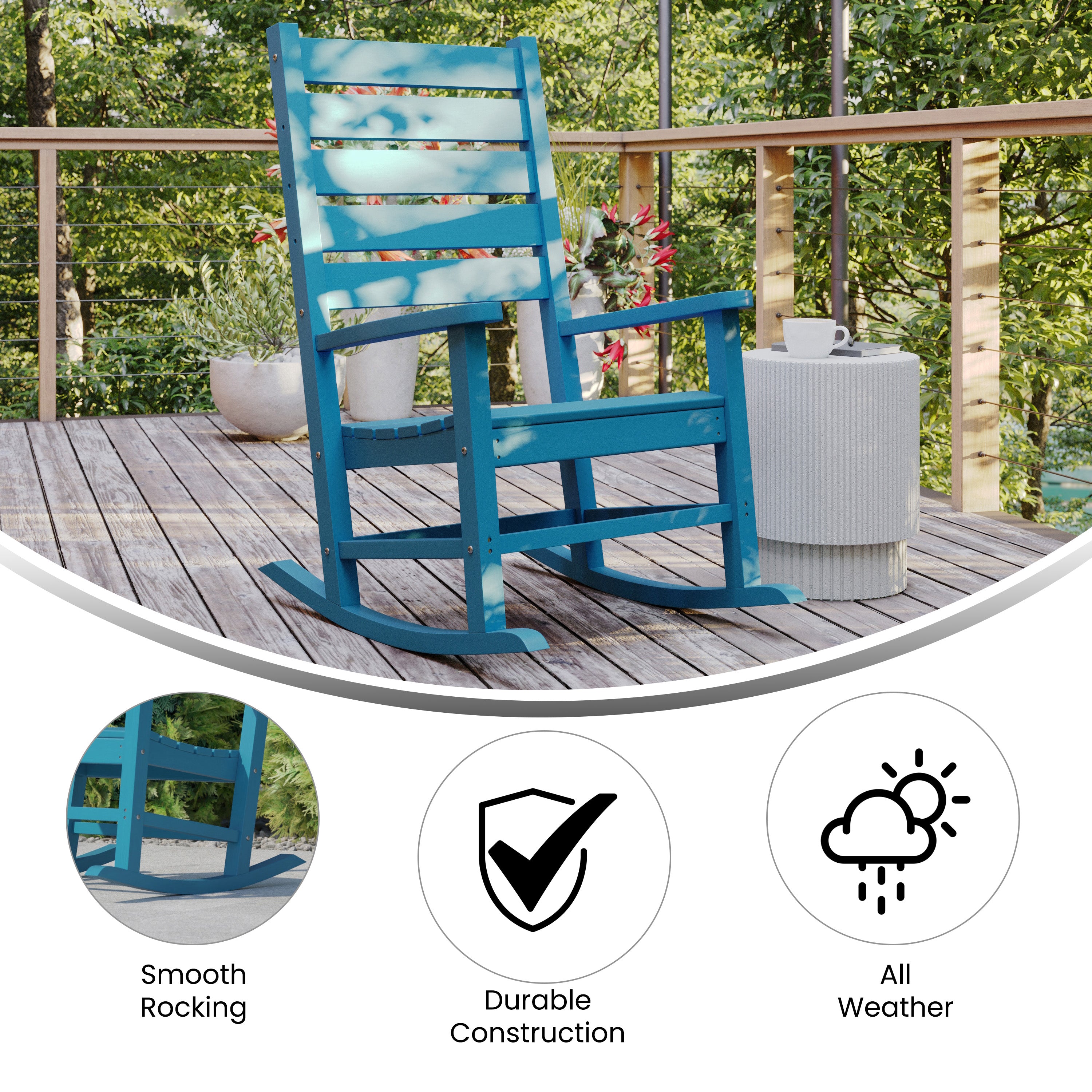Manchester Contemporary Rocking Chair, All-Weather HDPE Indoor/Outdoor Rocker in Blue