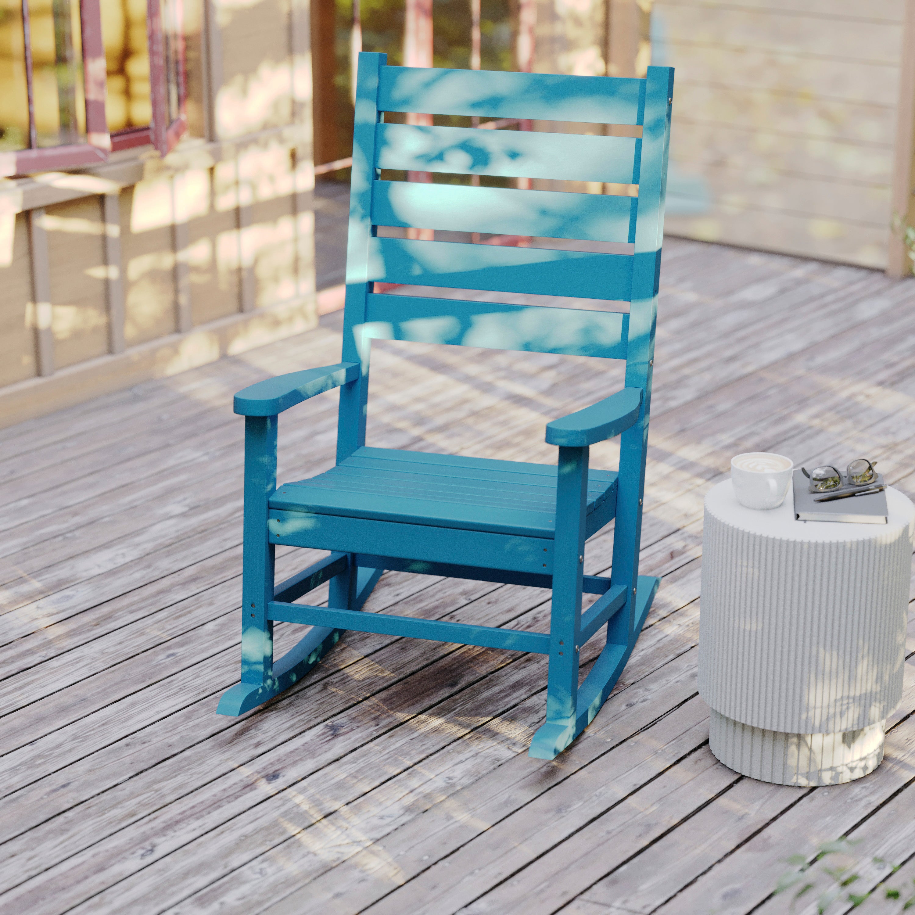 Manchester Contemporary Rocking Chair, All-Weather HDPE Indoor/Outdoor Rocker in Blue