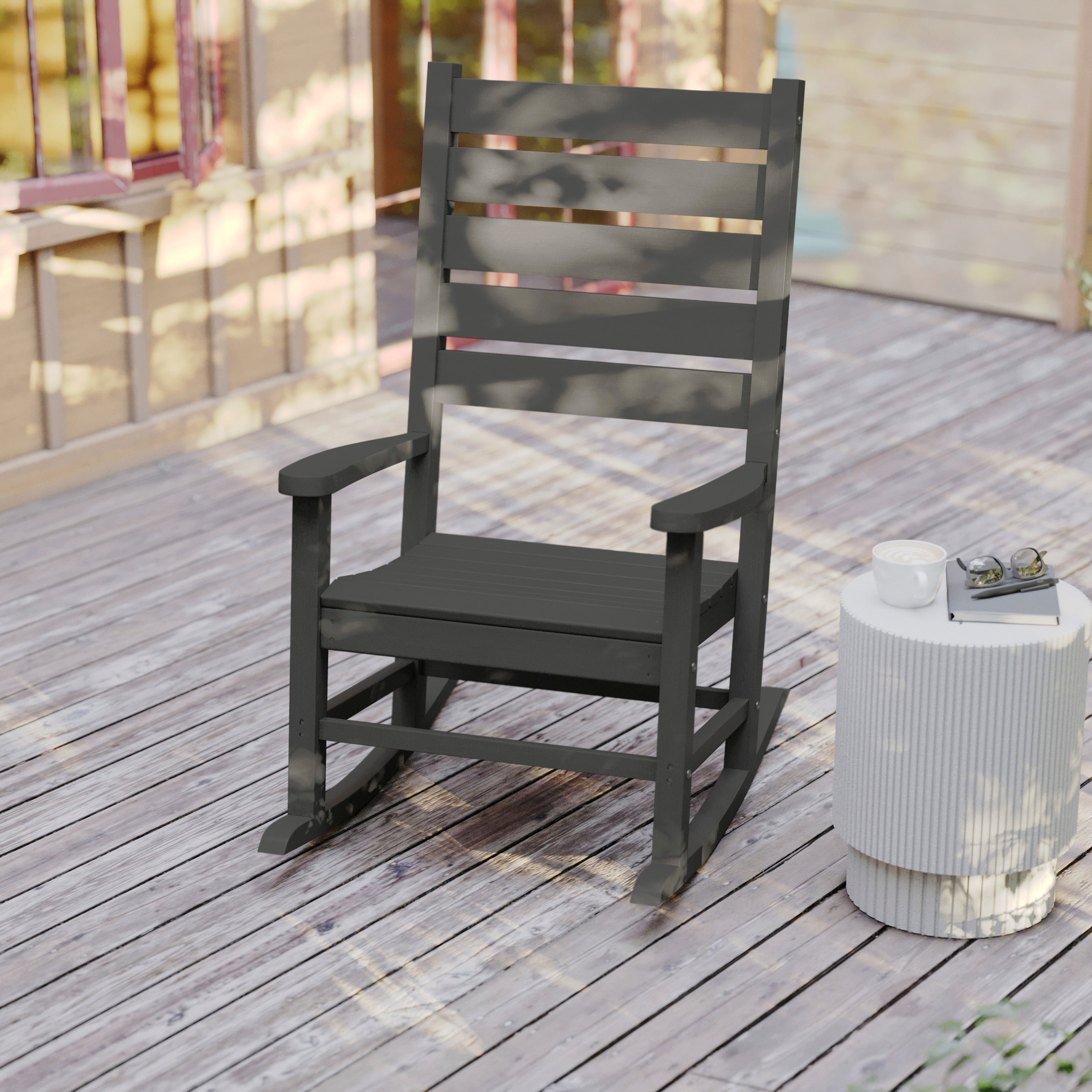 Manchester Contemporary Rocking Chair, All-Weather HDPE Indoor/Outdoor Rocker in Gray