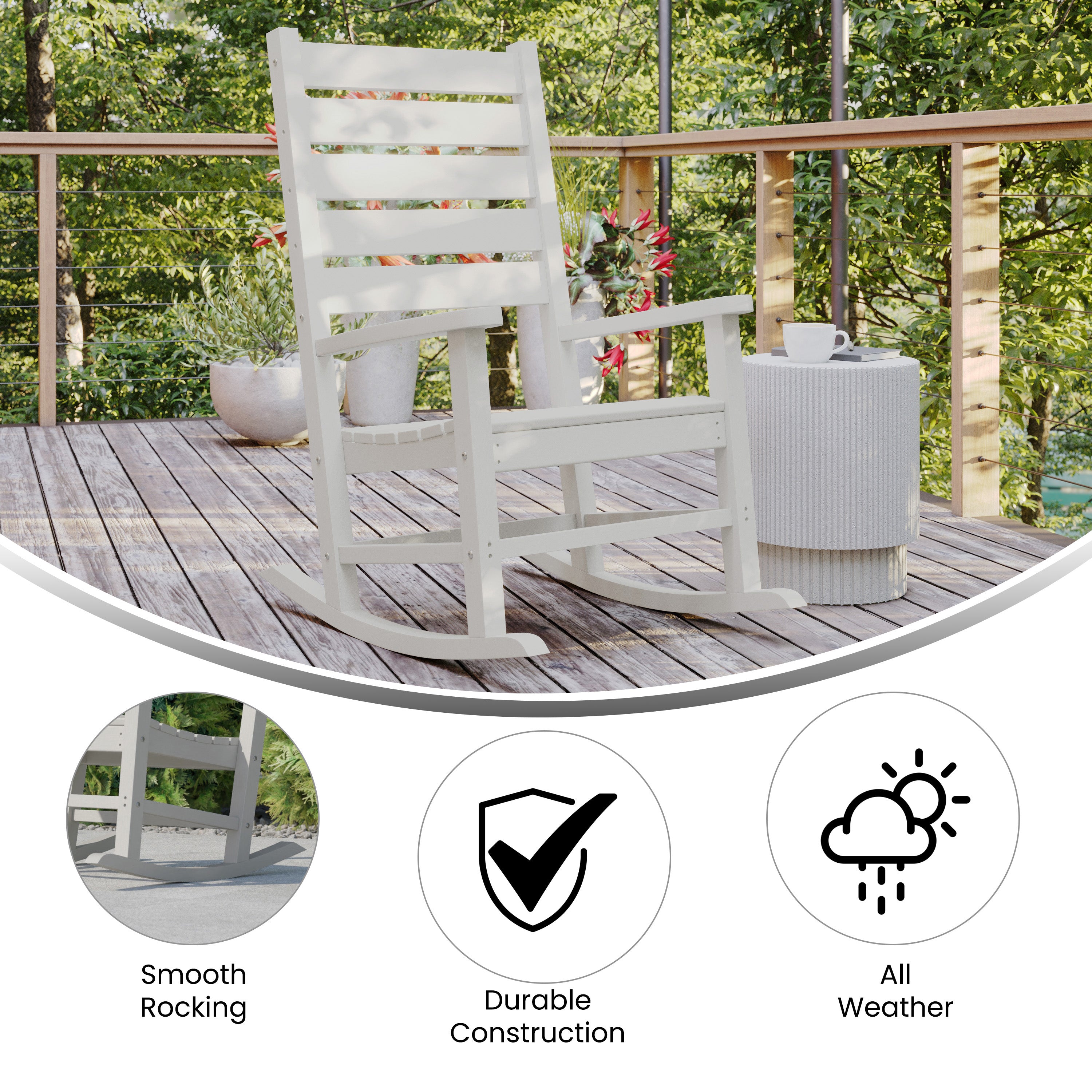 Manchester Contemporary Rocking Chair, All-Weather HDPE Indoor/Outdoor Rocker in White