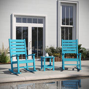 Manchester Commercial Grade 3-Piece Indoor/Outdoor Set with 2 Contemporary All-Weather HDPE Rocking Chairs and End Table in Blue