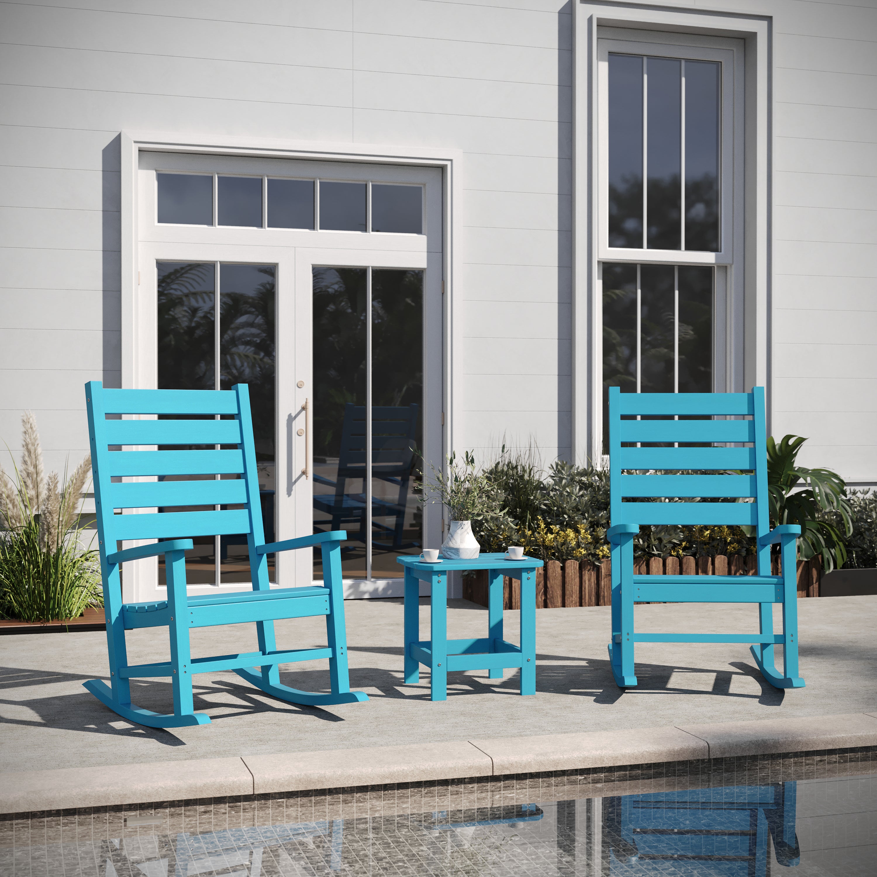 Manchester Commercial Grade 3-Piece Indoor/Outdoor Set with 2 Contemporary All-Weather HDPE Rocking Chairs and End Table in Blue