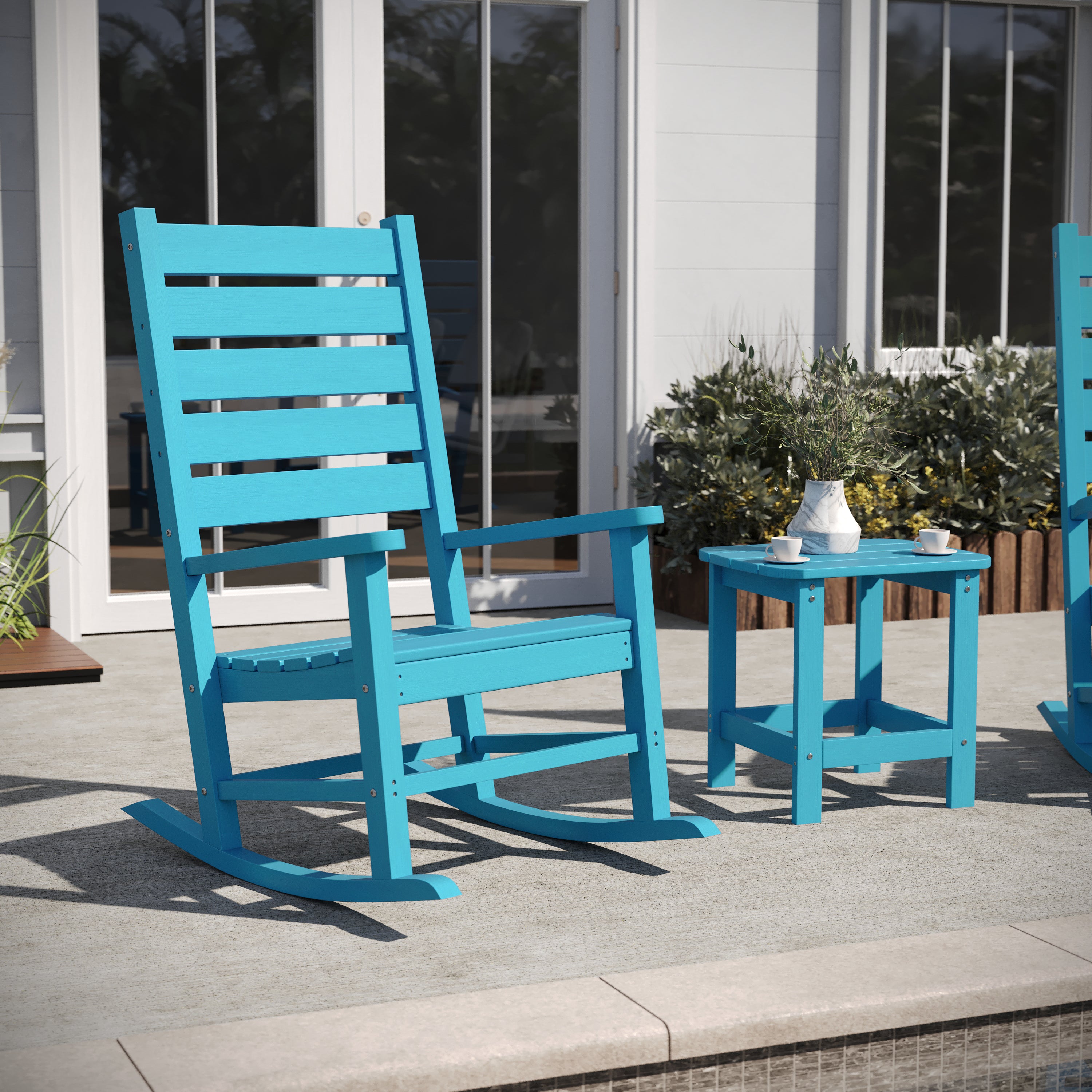 Manchester Commercial Grade 3-Piece Indoor/Outdoor Set with 2 Contemporary All-Weather HDPE Rocking Chairs and End Table in Blue