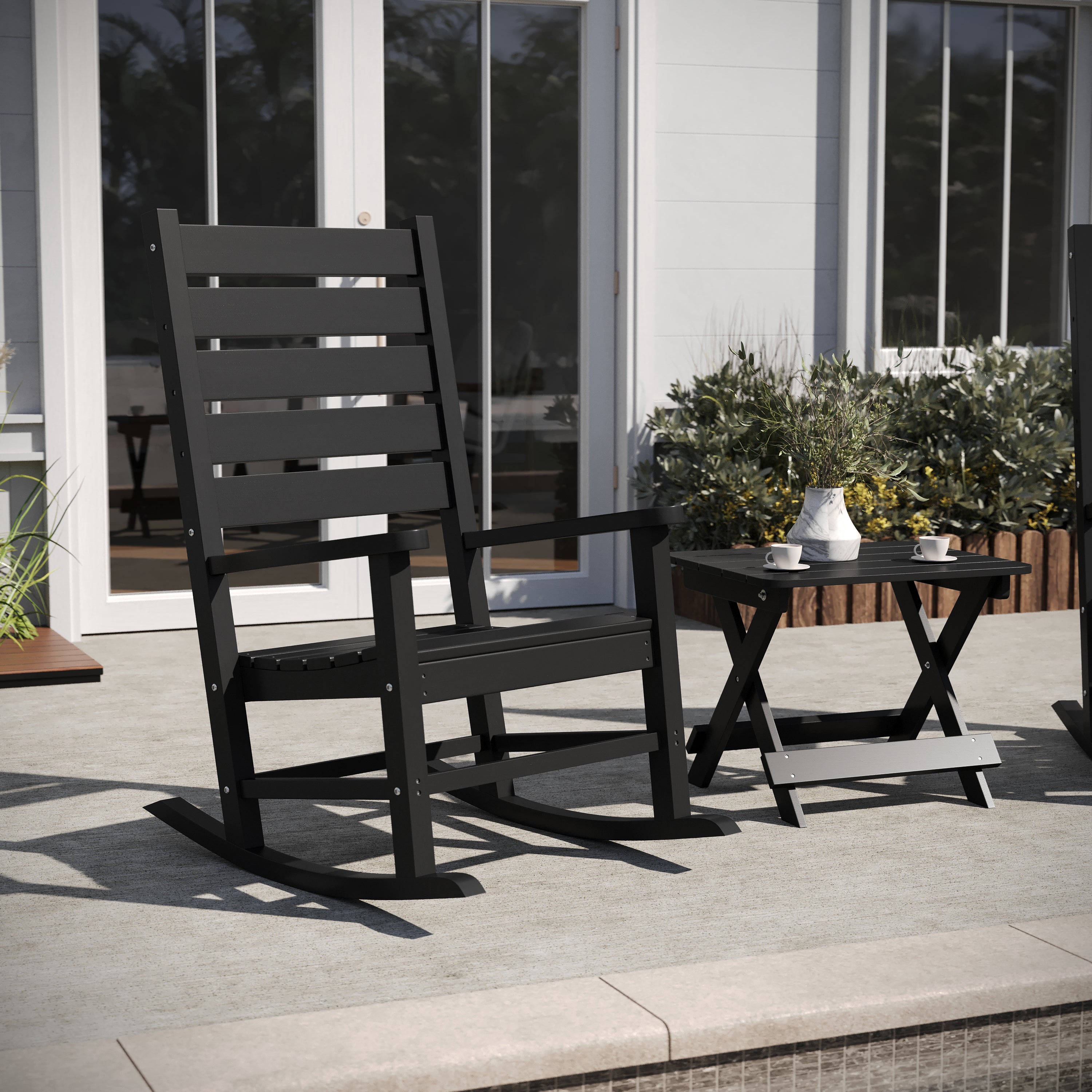 Manchester Commercial Grade 3-Piece Indoor/Outdoor Set with 2 Contemporary All-Weather HDPE Rocking Chairs and End Table in Black