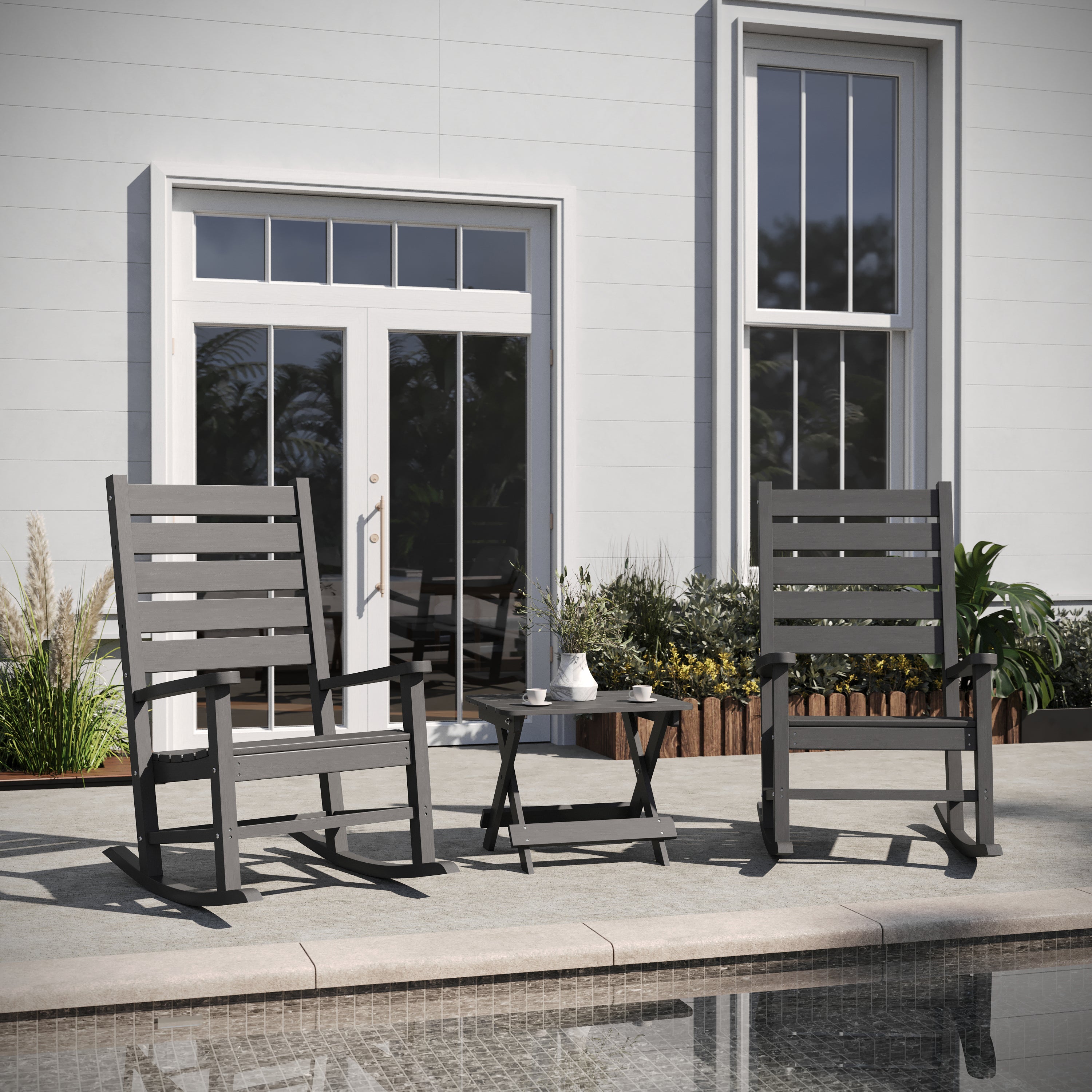 Manchester Commercial Grade 3-Piece Indoor/Outdoor Set with 2 Contemporary All-Weather HDPE Rocking Chairs and End Table in Gray