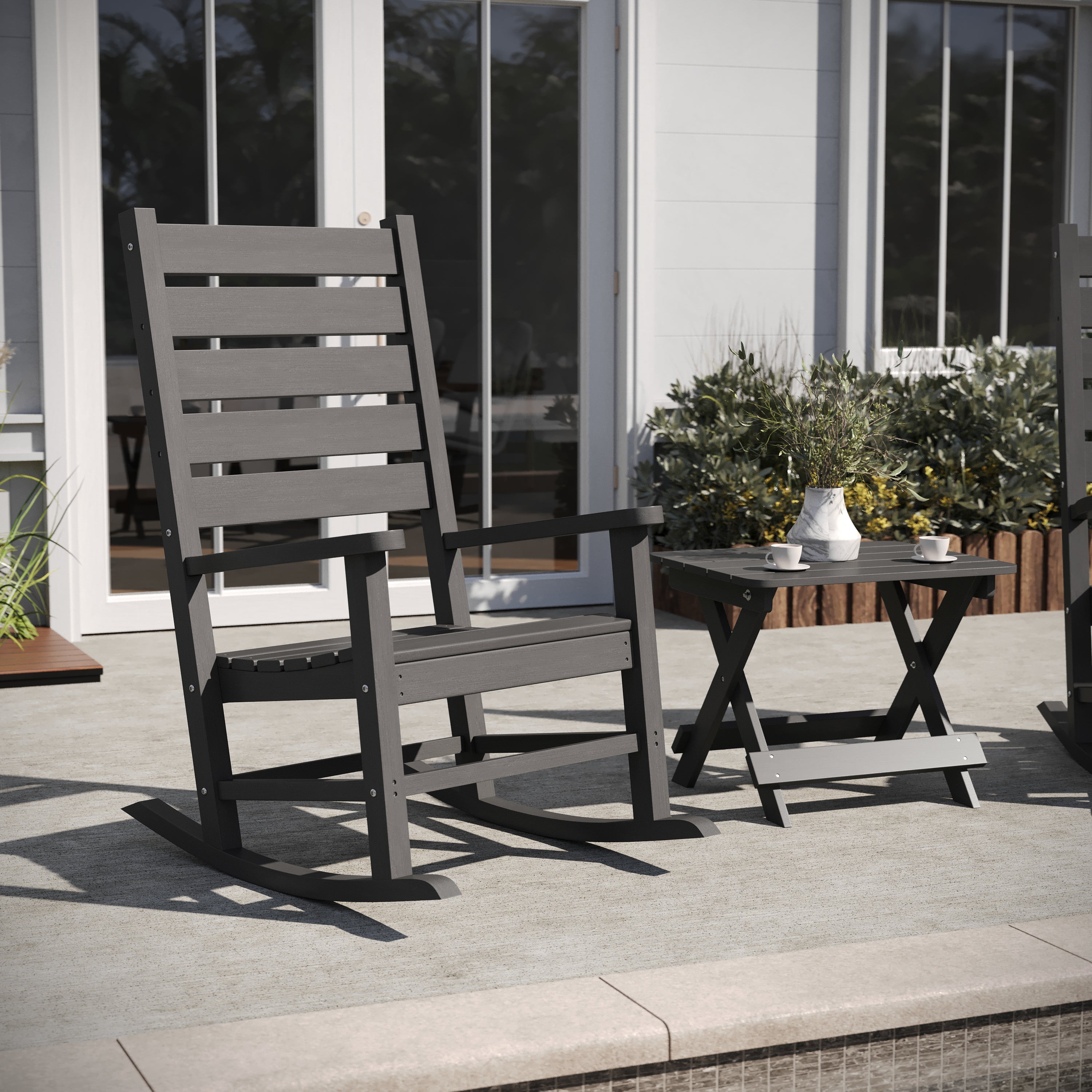 Manchester Commercial Grade 3-Piece Indoor/Outdoor Set with 2 Contemporary All-Weather HDPE Rocking Chairs and End Table in Gray