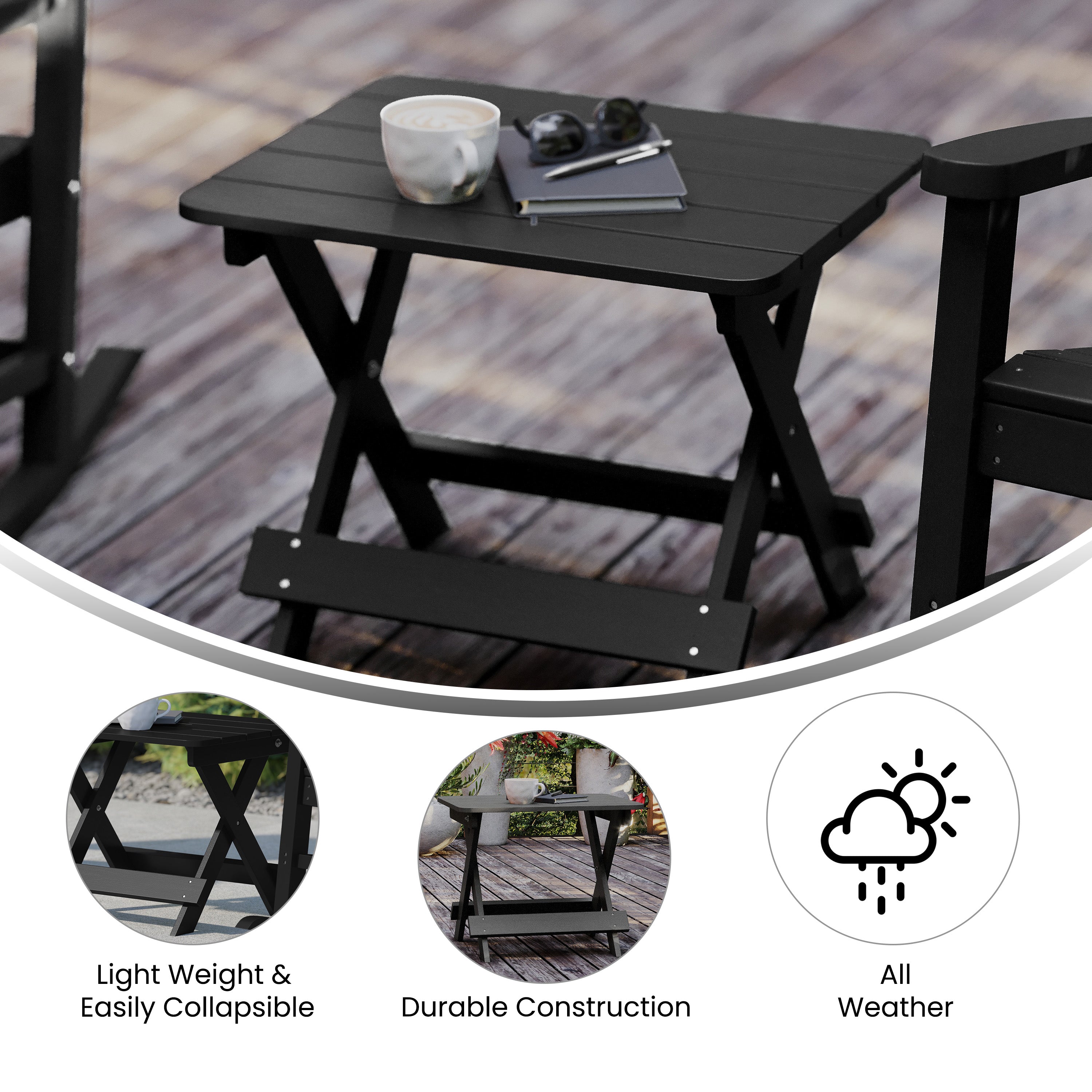 Halifax Outdoor Folding Side Table, Portable All-Weather HDPE Adirondack Side Table in Black