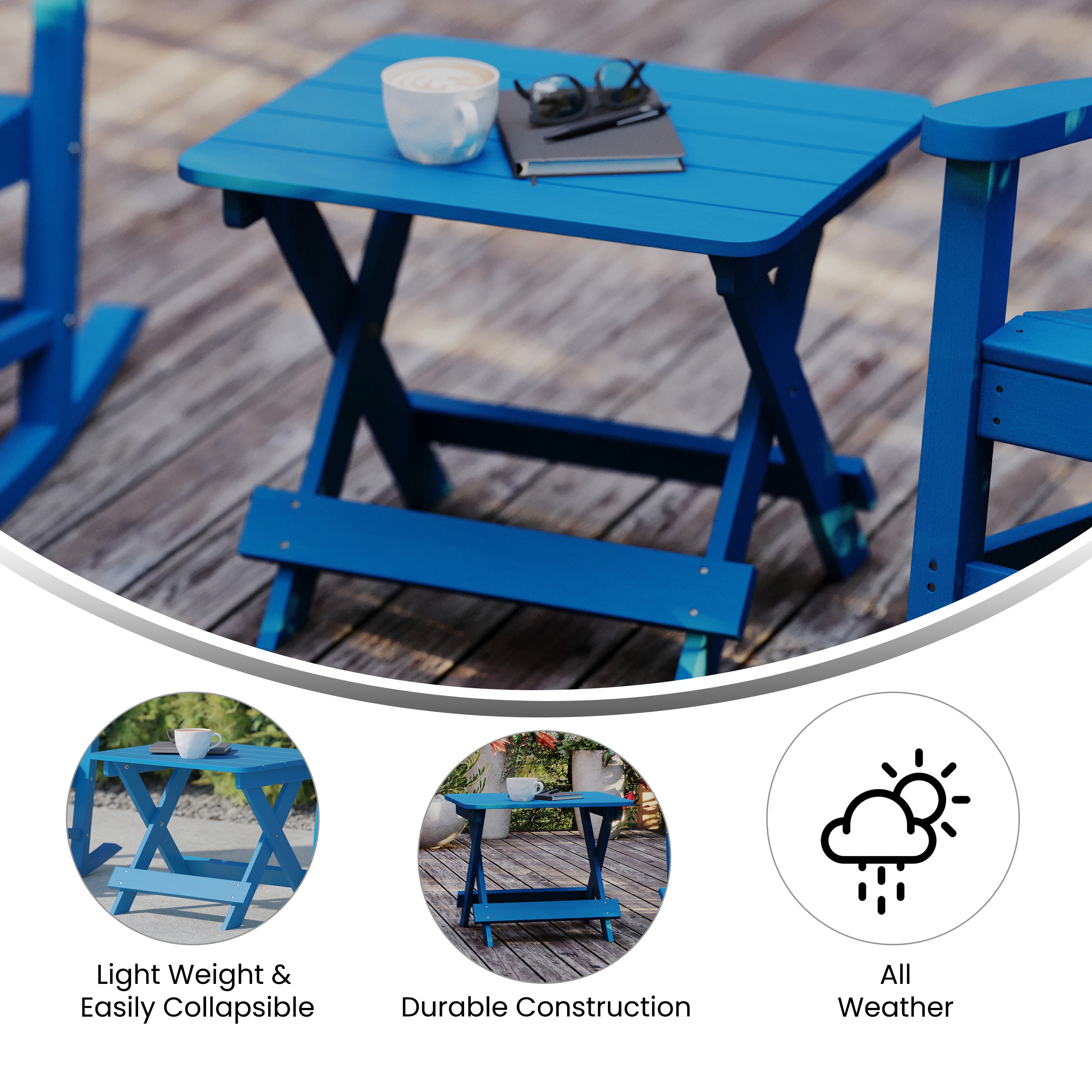 Halifax Outdoor Folding Side Table, Portable All-Weather HDPE Adirondack Side Table in Blue