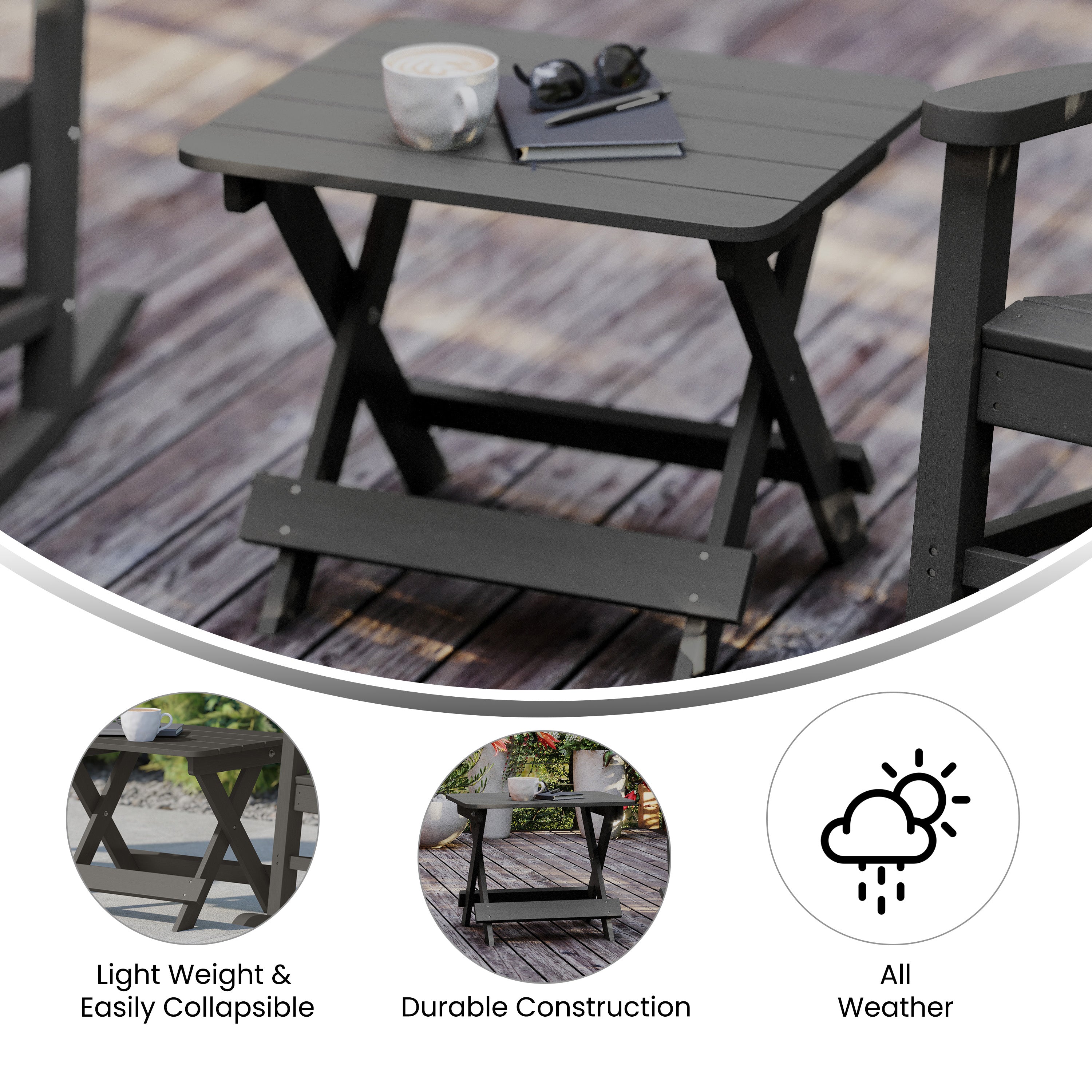Halifax Outdoor Folding Side Table, Portable All-Weather HDPE Adirondack Side Table in Gray