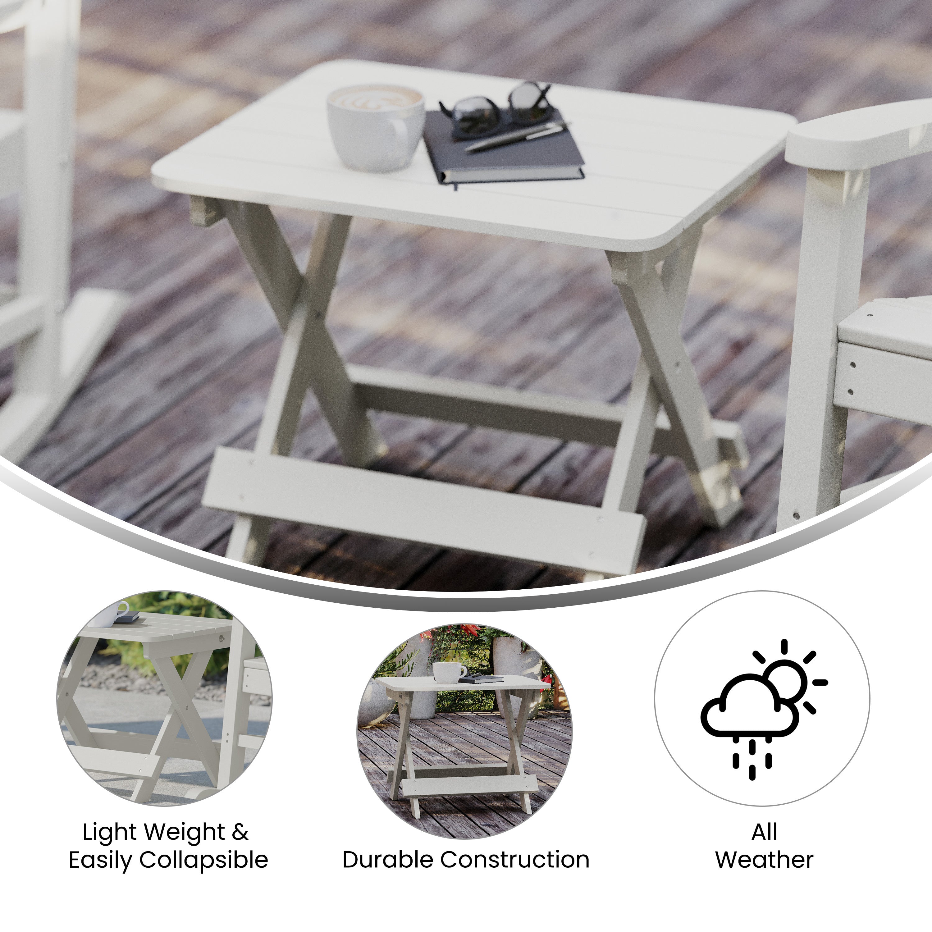 Halifax Outdoor Folding Side Table, Portable All-Weather HDPE Adirondack Side Table in White