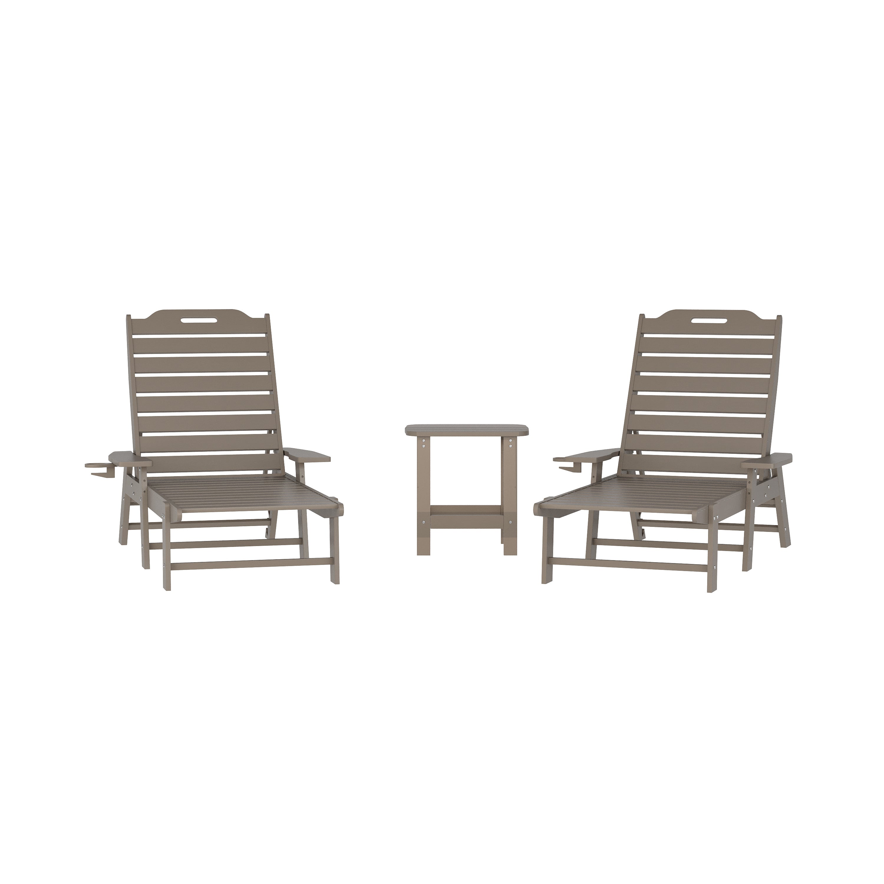 Monterey Commercial Grade 3-Piece Indoor/Outdoor Adirondack Set with 2 Adjustable HDPE Loungers with Cup Holders and 2-Tier Side Table in Brown