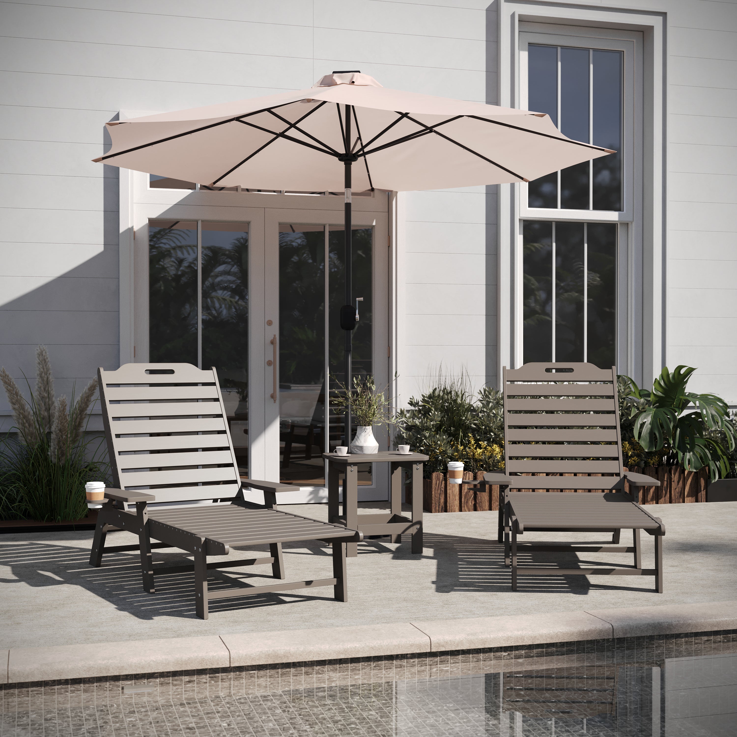 Monterey Commercial Grade 3-Piece Indoor/Outdoor Adirondack Set with 2 Adjustable HDPE Loungers with Cup Holders and 2-Tier Side Table in Brown