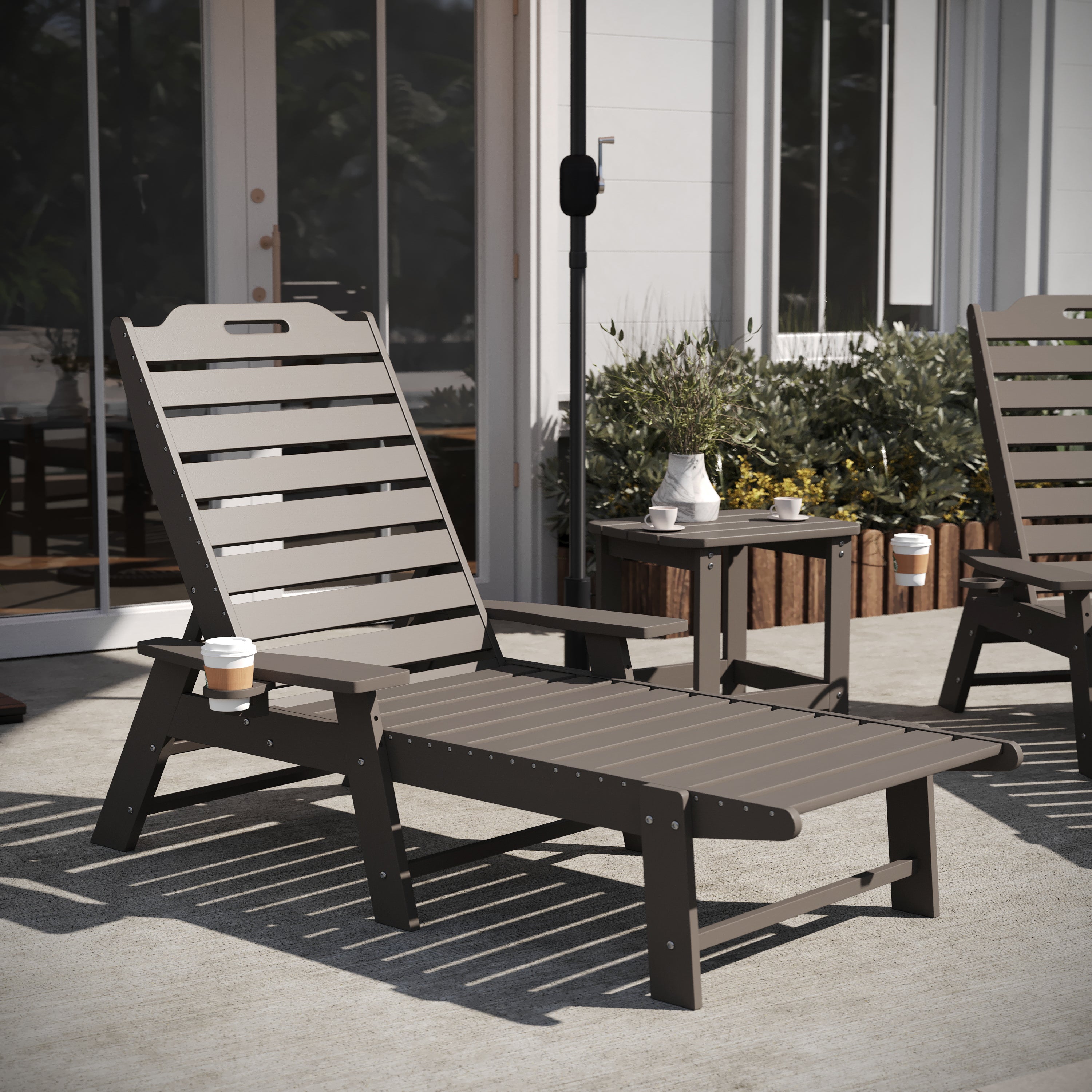 Monterey Commercial Grade 3-Piece Indoor/Outdoor Adirondack Set with 2 Adjustable HDPE Loungers with Cup Holders and 2-Tier Side Table in Brown