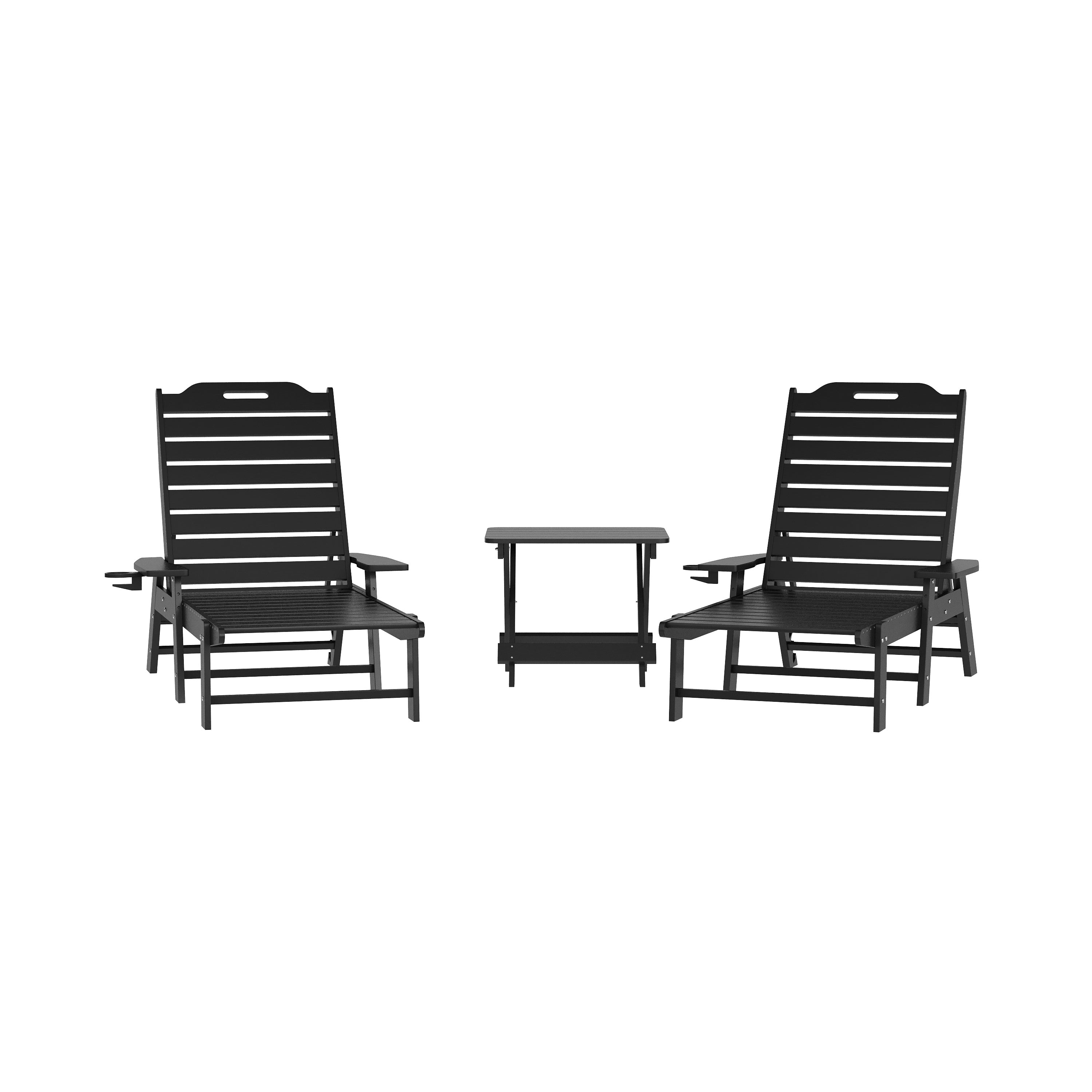 Monterey Commercial Grade 3-Piece Indoor/Outdoor Adirondack Set with 2 Adjustable HDPE Loungers with Cup Holders and Folding Side Table in Black