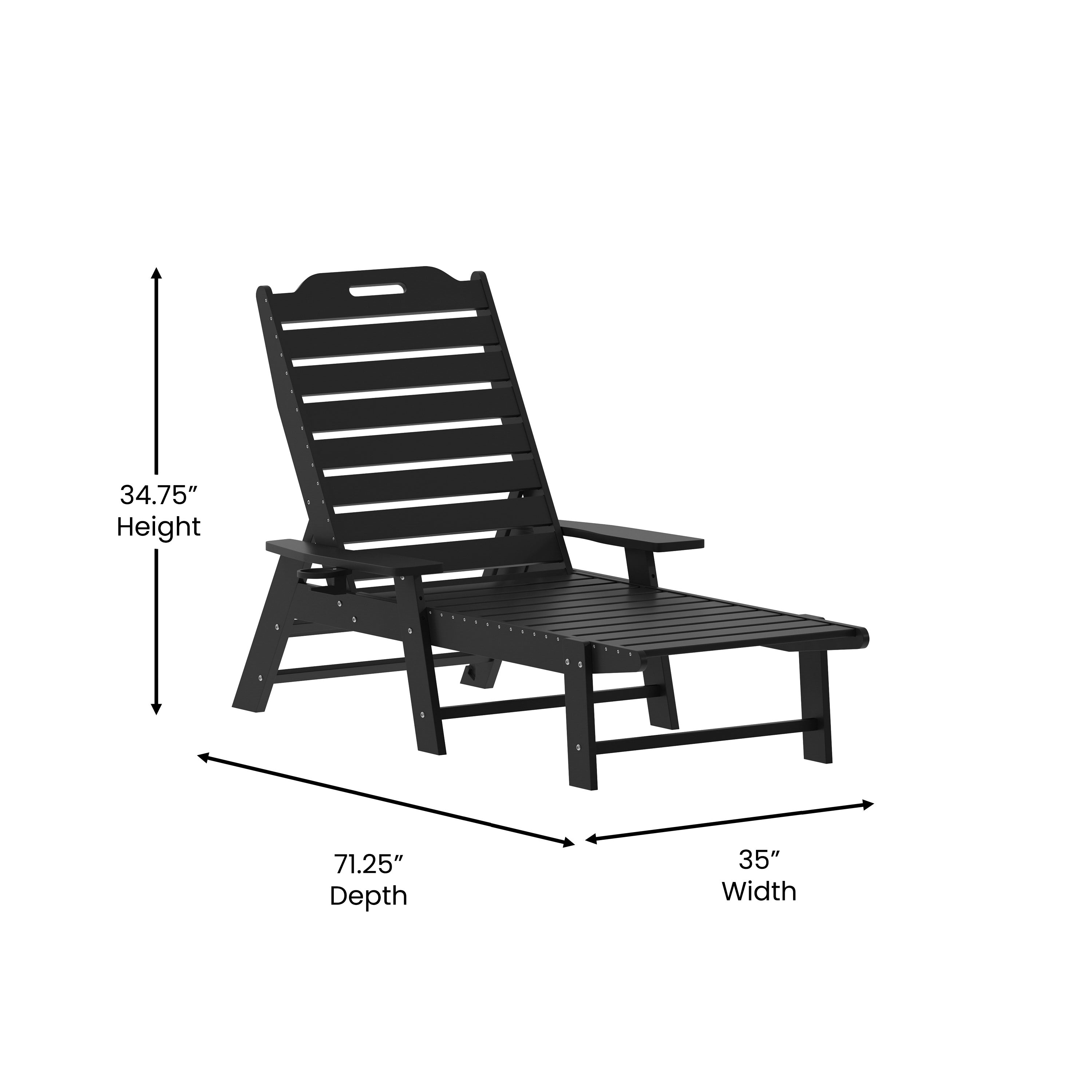 Monterey Commercial Grade 3-Piece Indoor/Outdoor Adirondack Set with 2 Adjustable HDPE Loungers with Cup Holders and Folding Side Table in Black