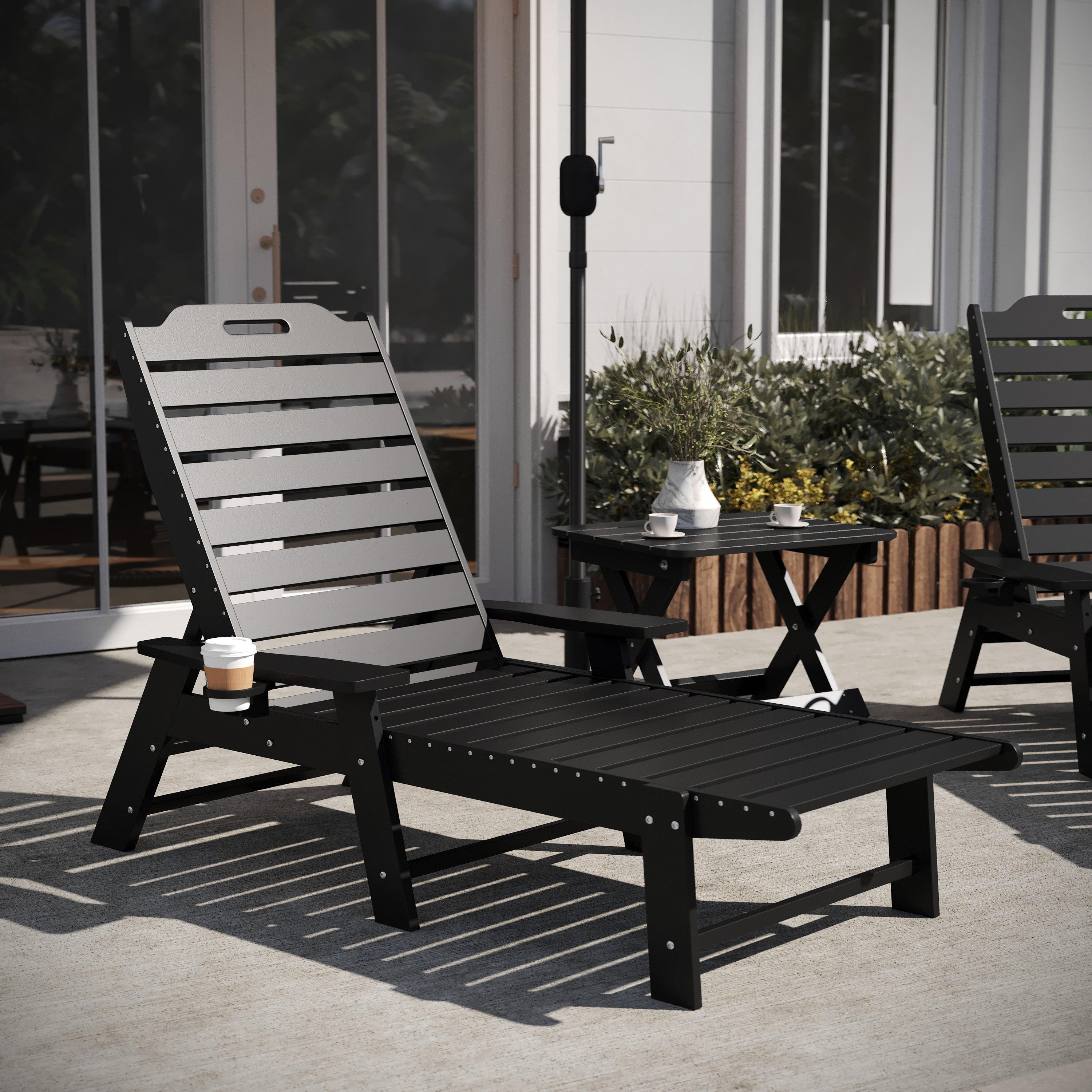 Monterey Commercial Grade 3-Piece Indoor/Outdoor Adirondack Set with 2 Adjustable HDPE Loungers with Cup Holders and Folding Side Table in Black