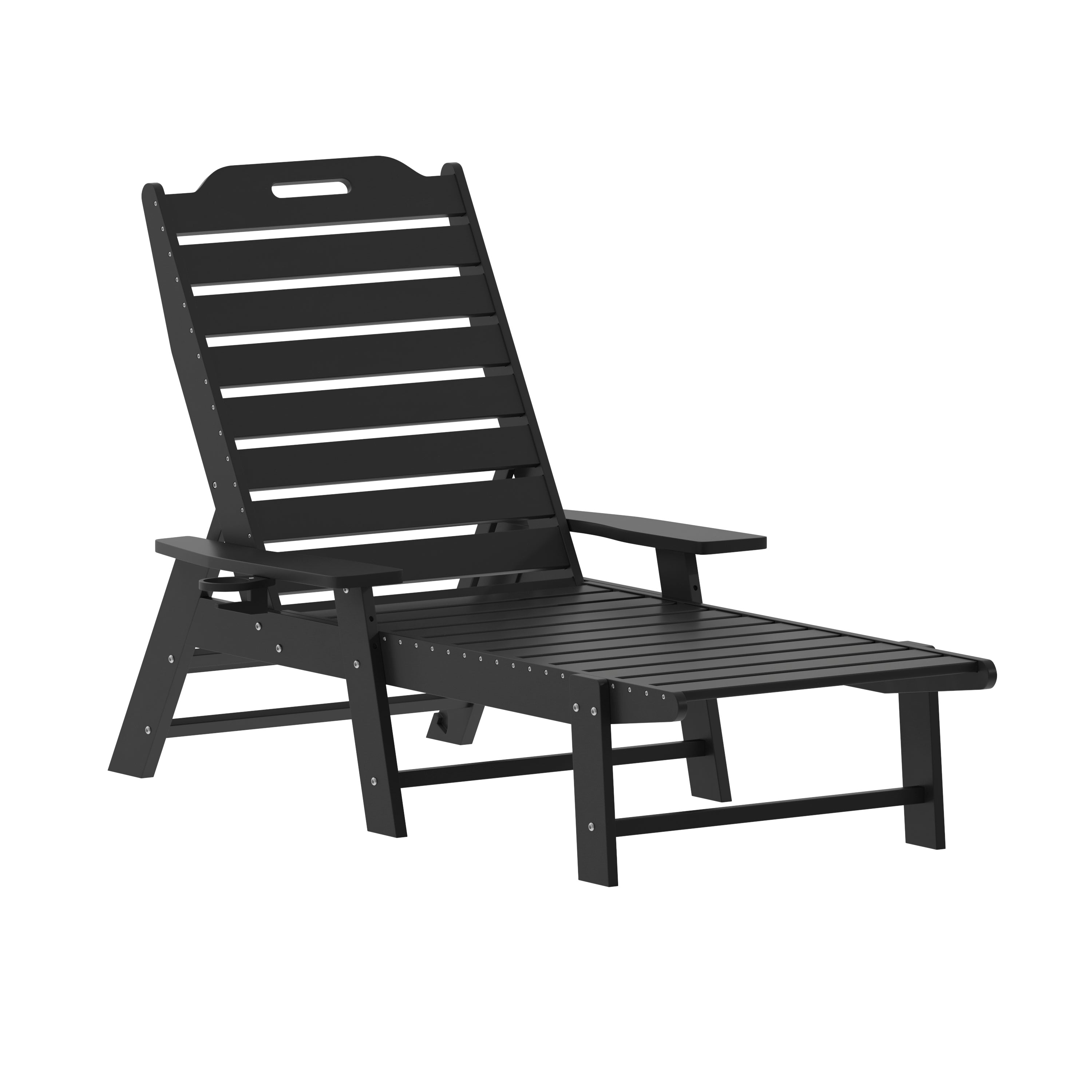 Monterey Commercial Grade 3-Piece Indoor/Outdoor Adirondack Set with 2 Adjustable HDPE Loungers with Cup Holders and Folding Side Table in Black