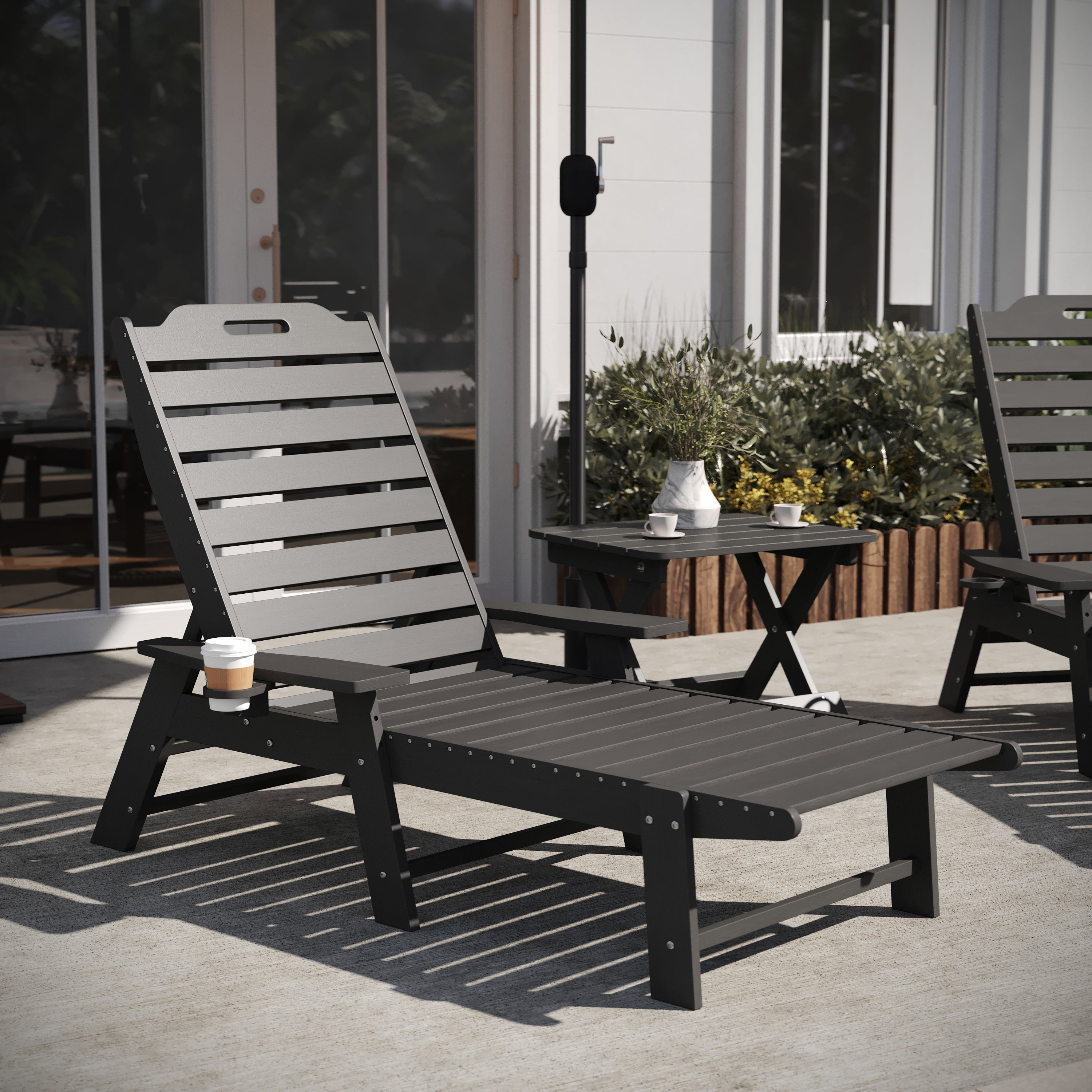 Monterey Commercial Grade 3-Piece Indoor/Outdoor Adirondack Set with 2 Adjustable HDPE Loungers with Cup Holders and Folding Side Table in Gray