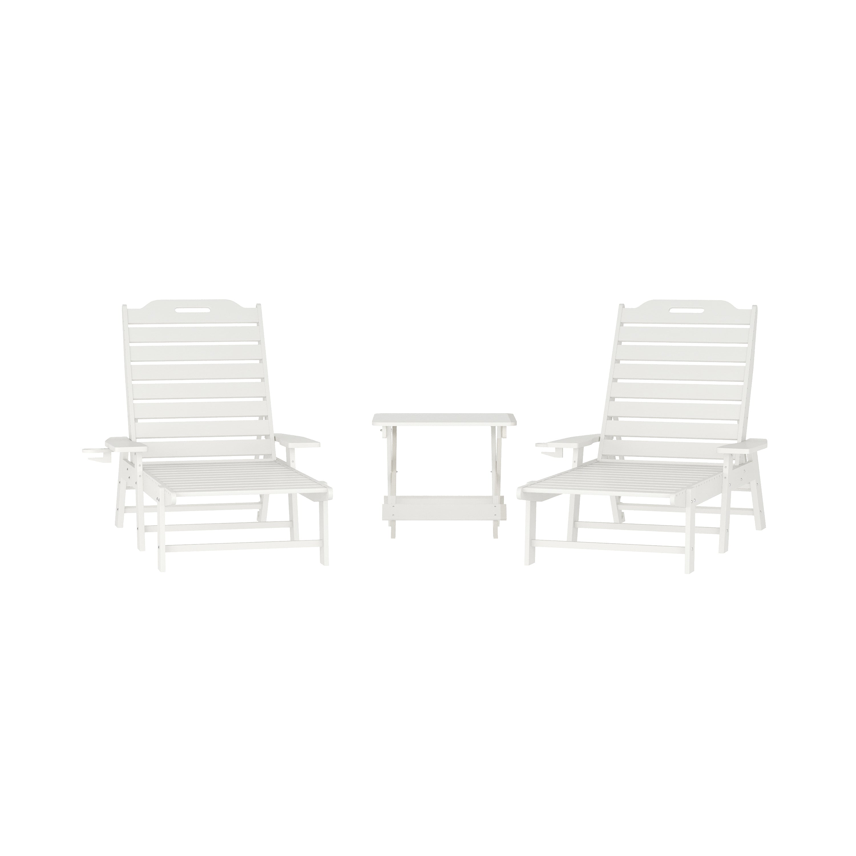 Monterey Commercial Grade 3-Piece Indoor/Outdoor Adirondack Set with 2 Adjustable HDPE Loungers with Cup Holders and Folding Side Table in White