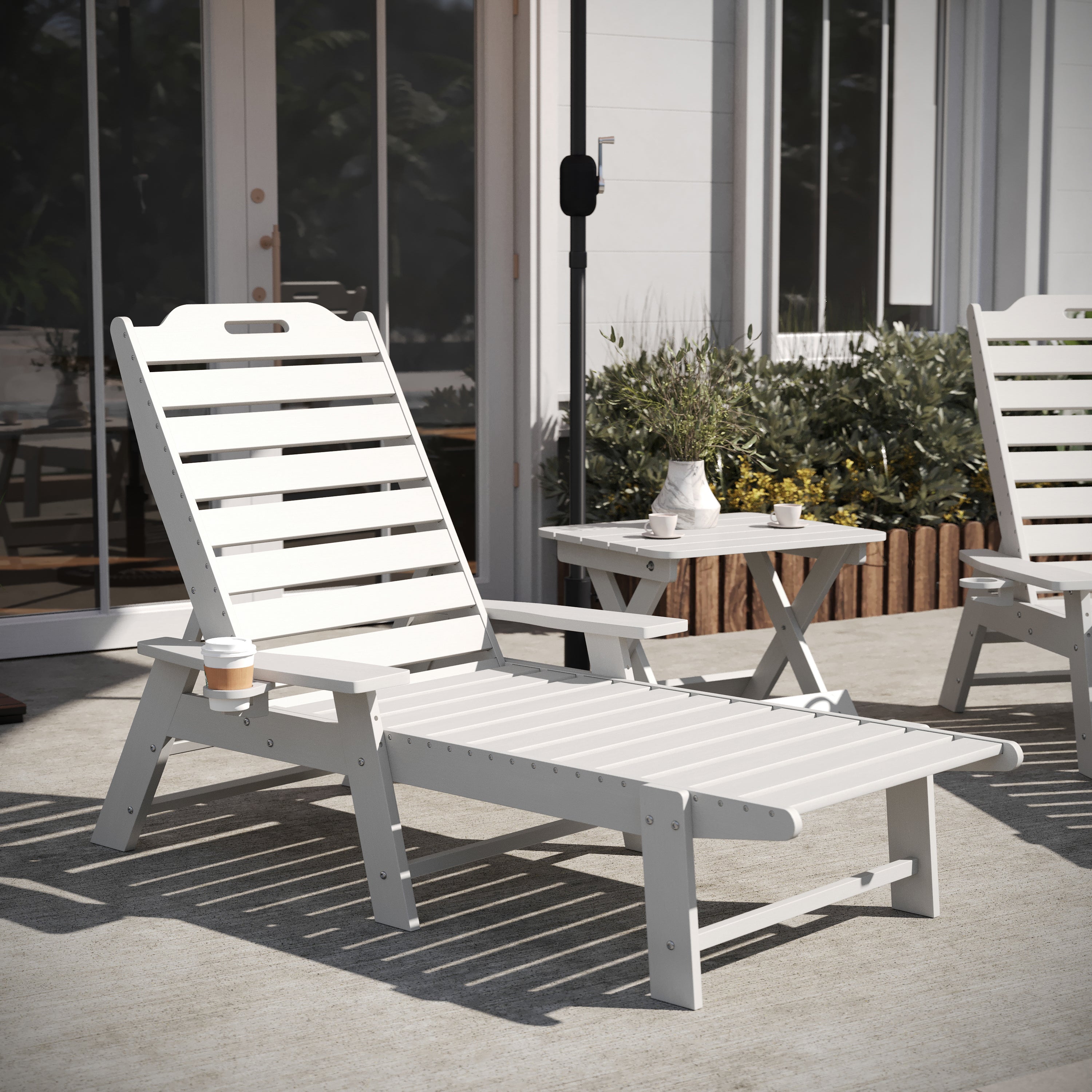 Monterey Commercial Grade 3-Piece Indoor/Outdoor Adirondack Set with 2 Adjustable HDPE Loungers with Cup Holders and Folding Side Table in White