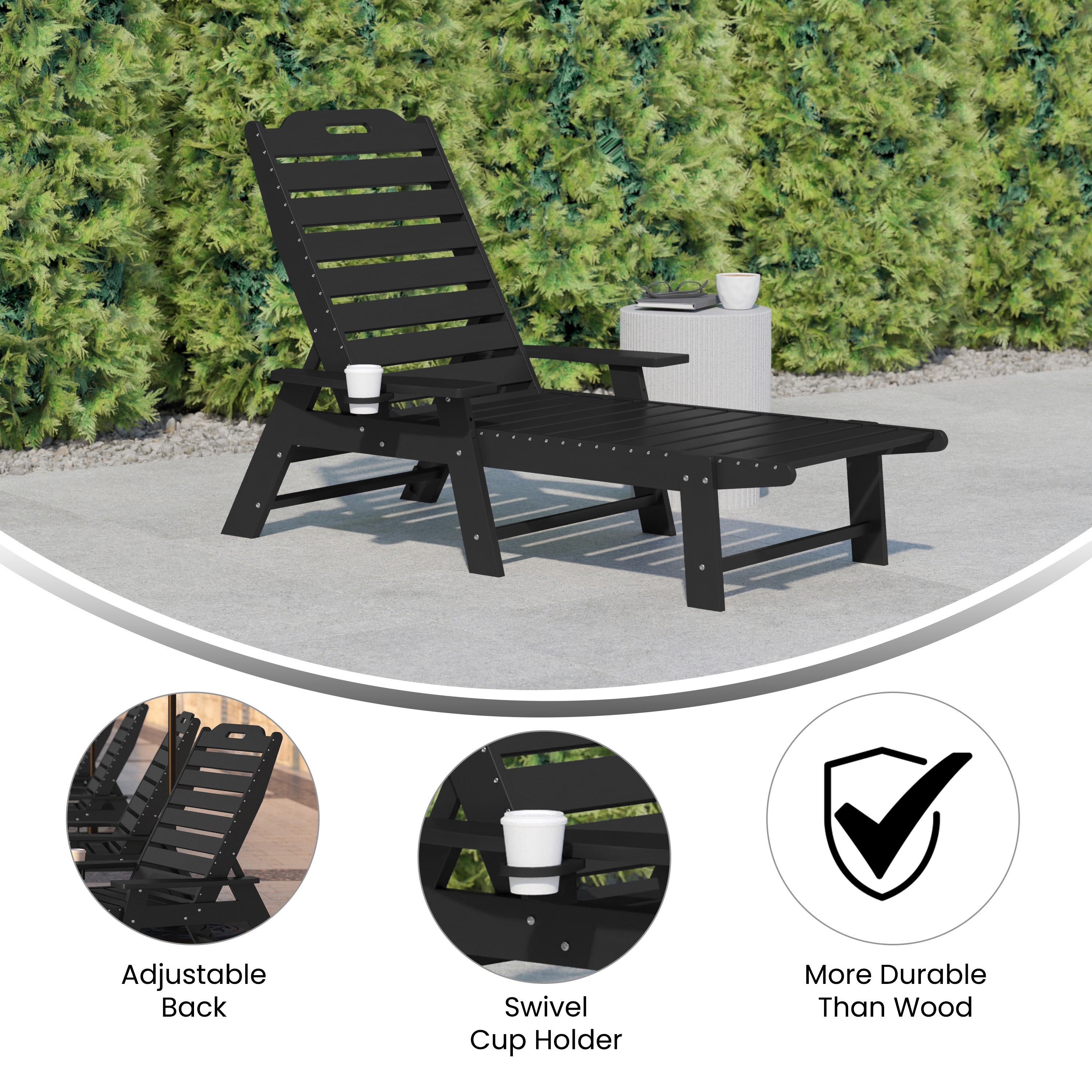 Monterey Adjustable Adirondack Lounger with Cup Holder- All-Weather Indoor/Outdoor HDPE Lounge Chair in Black