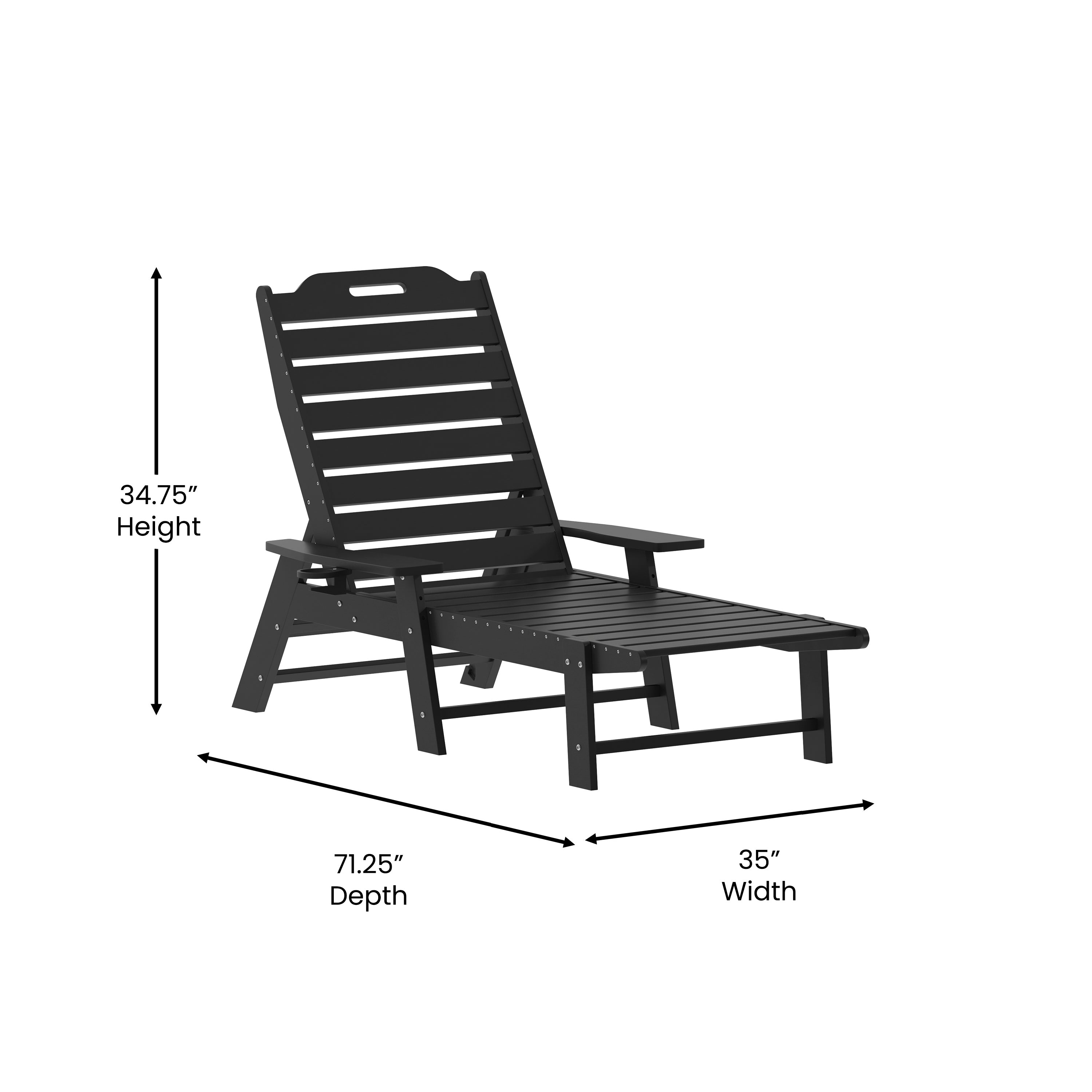Monterey Adjustable Adirondack Lounger with Cup Holder- All-Weather Indoor/Outdoor HDPE Lounge Chair in Black