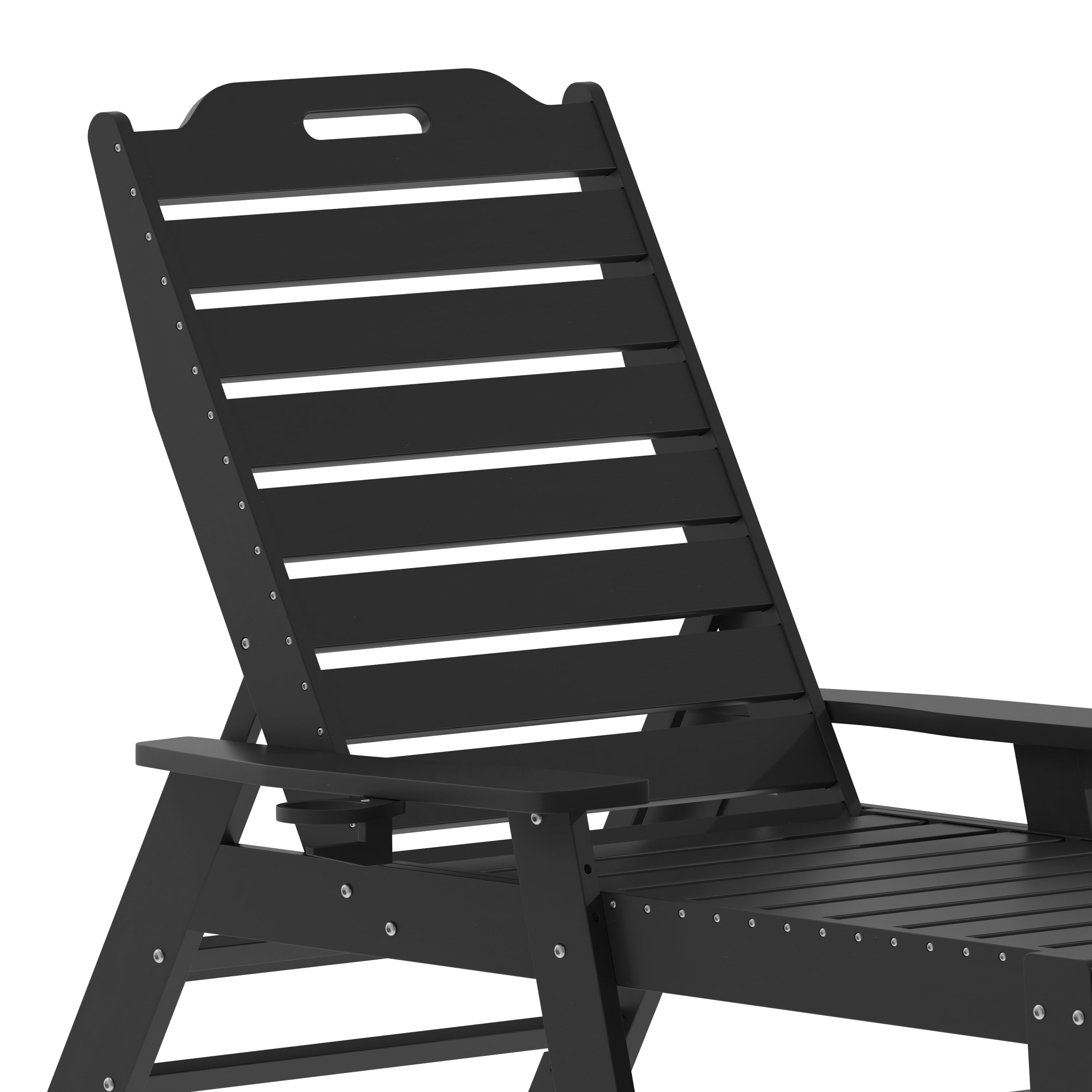 Monterey Adjustable Adirondack Lounger with Cup Holder- All-Weather Indoor/Outdoor HDPE Lounge Chair in Black