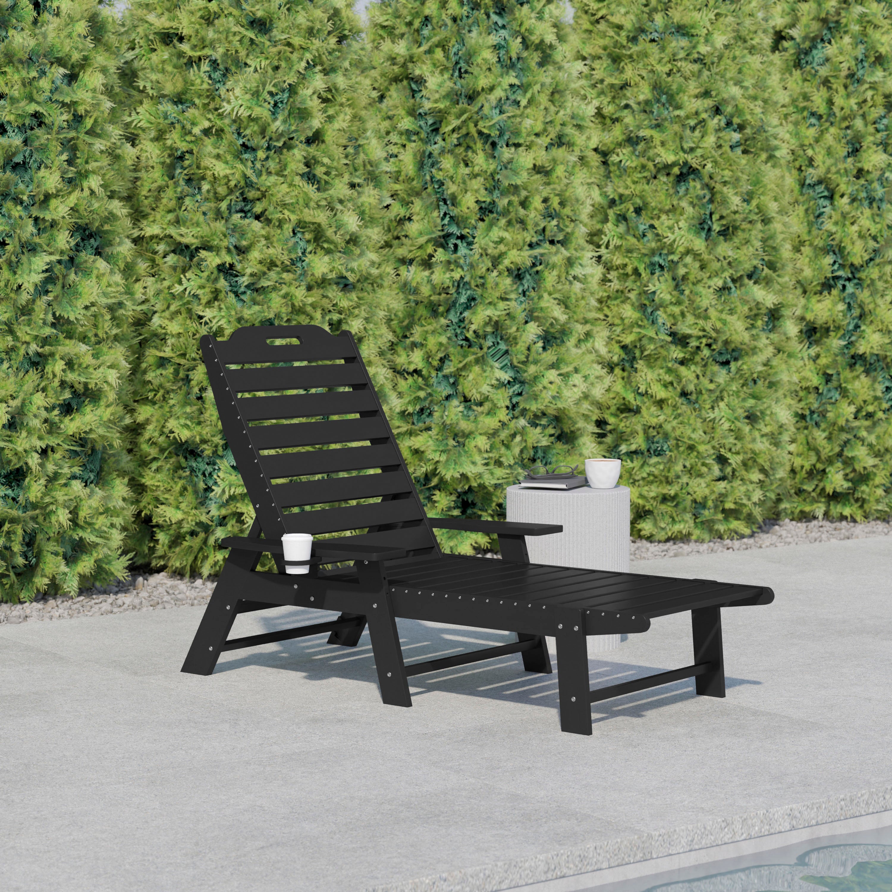 Monterey Adjustable Adirondack Lounger with Cup Holder- All-Weather Indoor/Outdoor HDPE Lounge Chair in Black