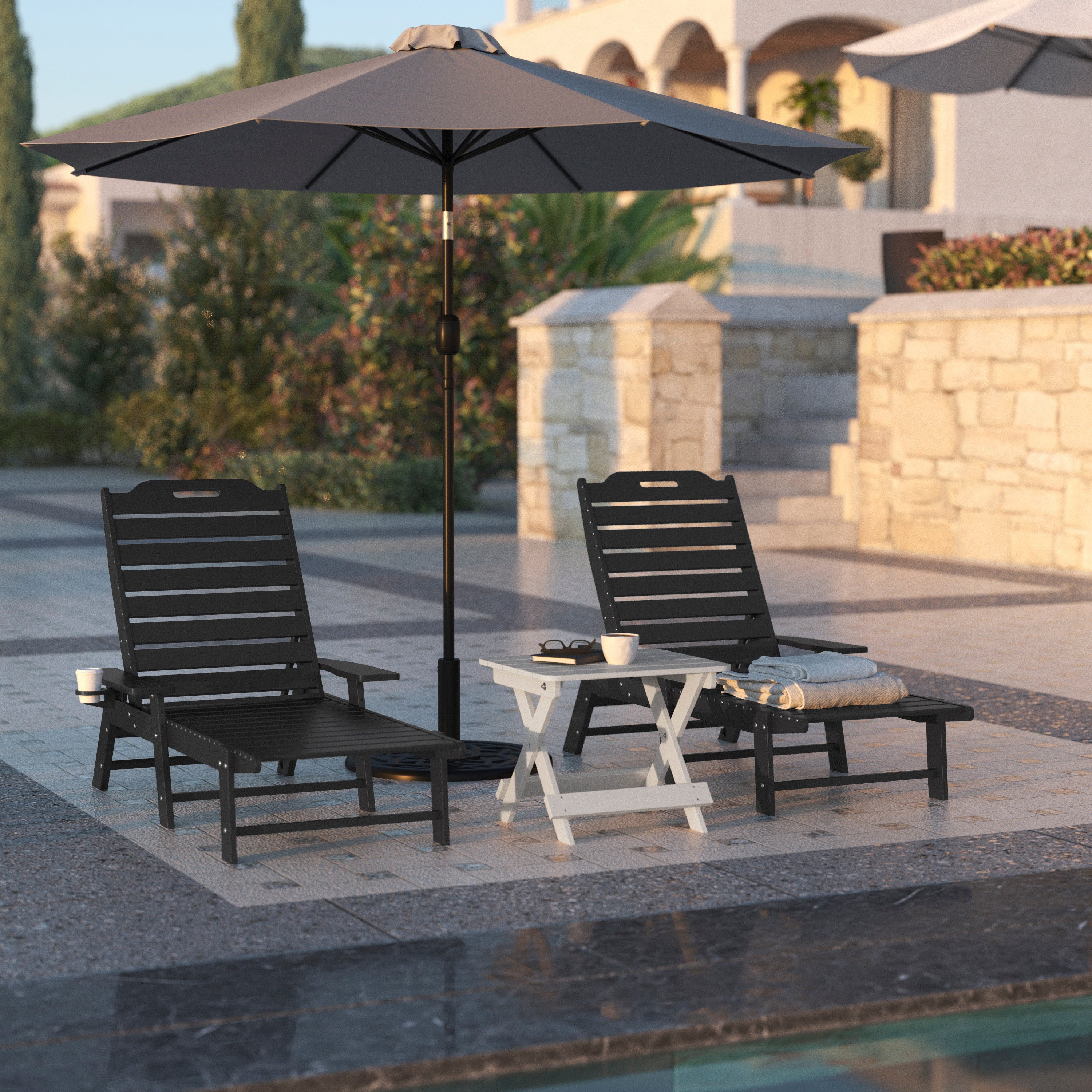 Monterey Adjustable Adirondack Lounger with Cup Holder- All-Weather Indoor/Outdoor HDPE Lounge Chair in Black