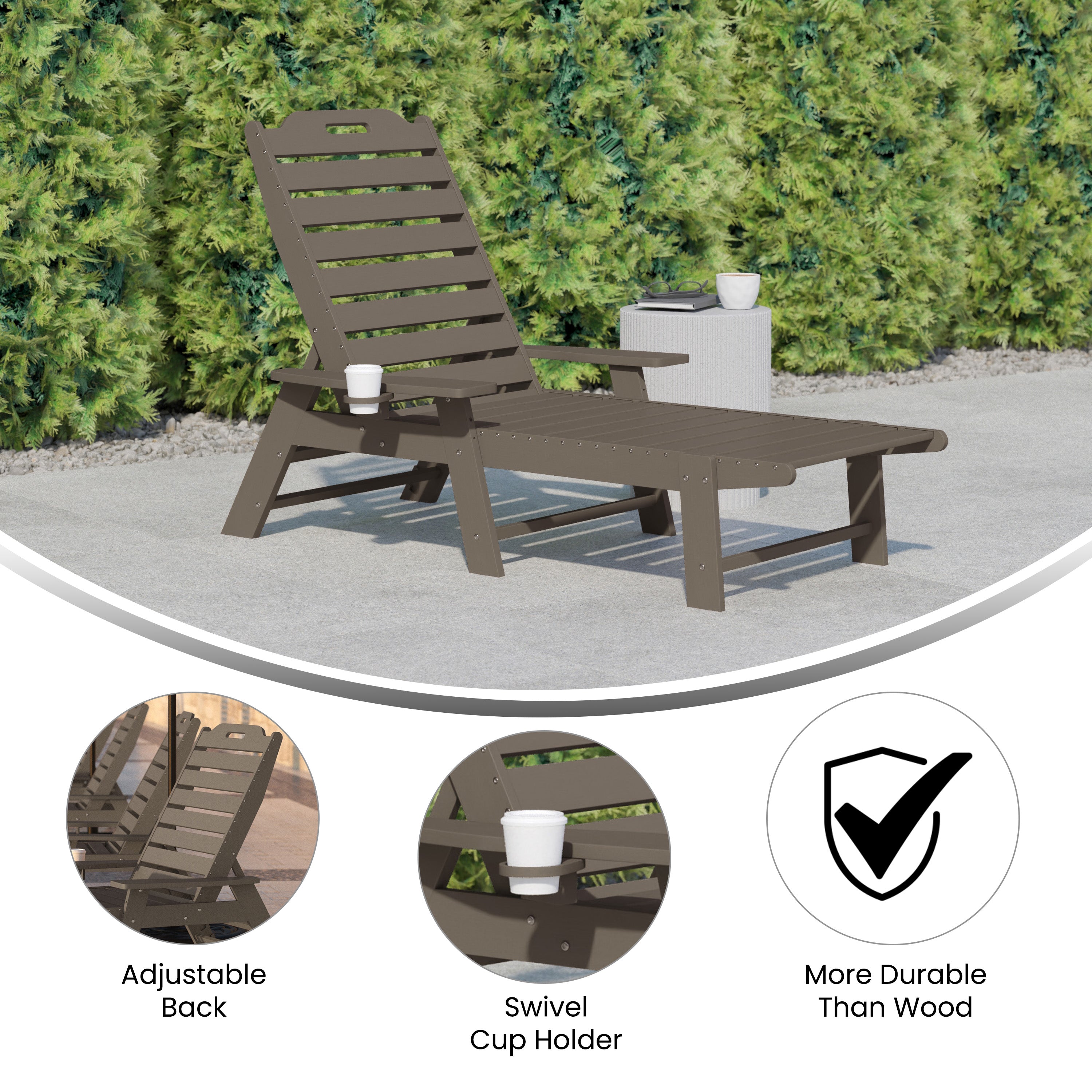 Monterey Adjustable Adirondack Lounger with Cup Holder- All-Weather Indoor/Outdoor HDPE Lounge Chair in Brown