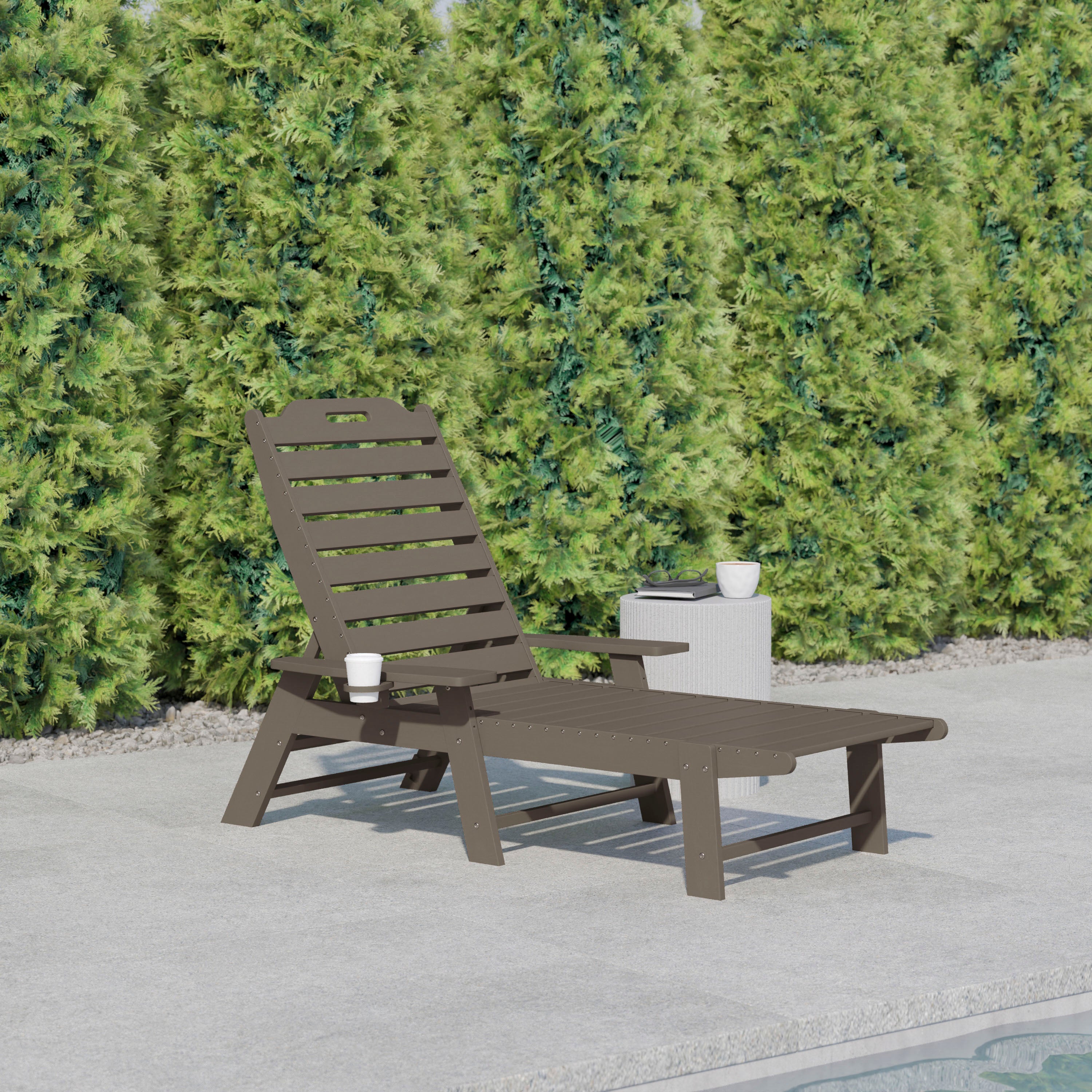 Monterey Adjustable Adirondack Lounger with Cup Holder- All-Weather Indoor/Outdoor HDPE Lounge Chair in Brown