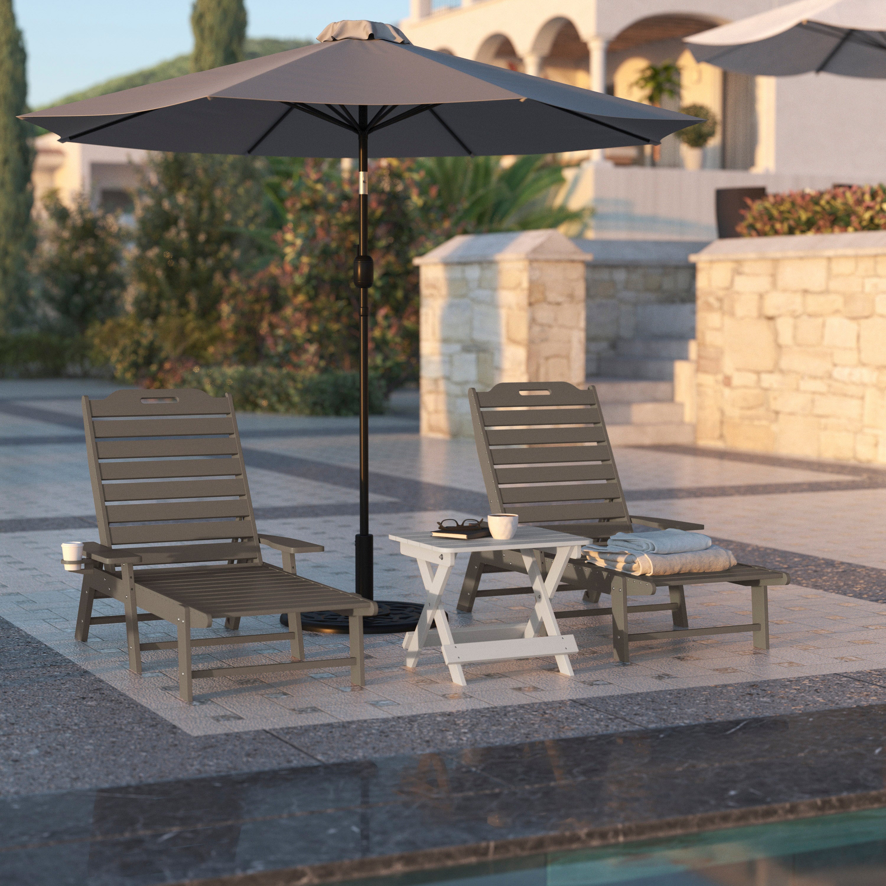 Monterey Adjustable Adirondack Lounger with Cup Holder- All-Weather Indoor/Outdoor HDPE Lounge Chair in Brown