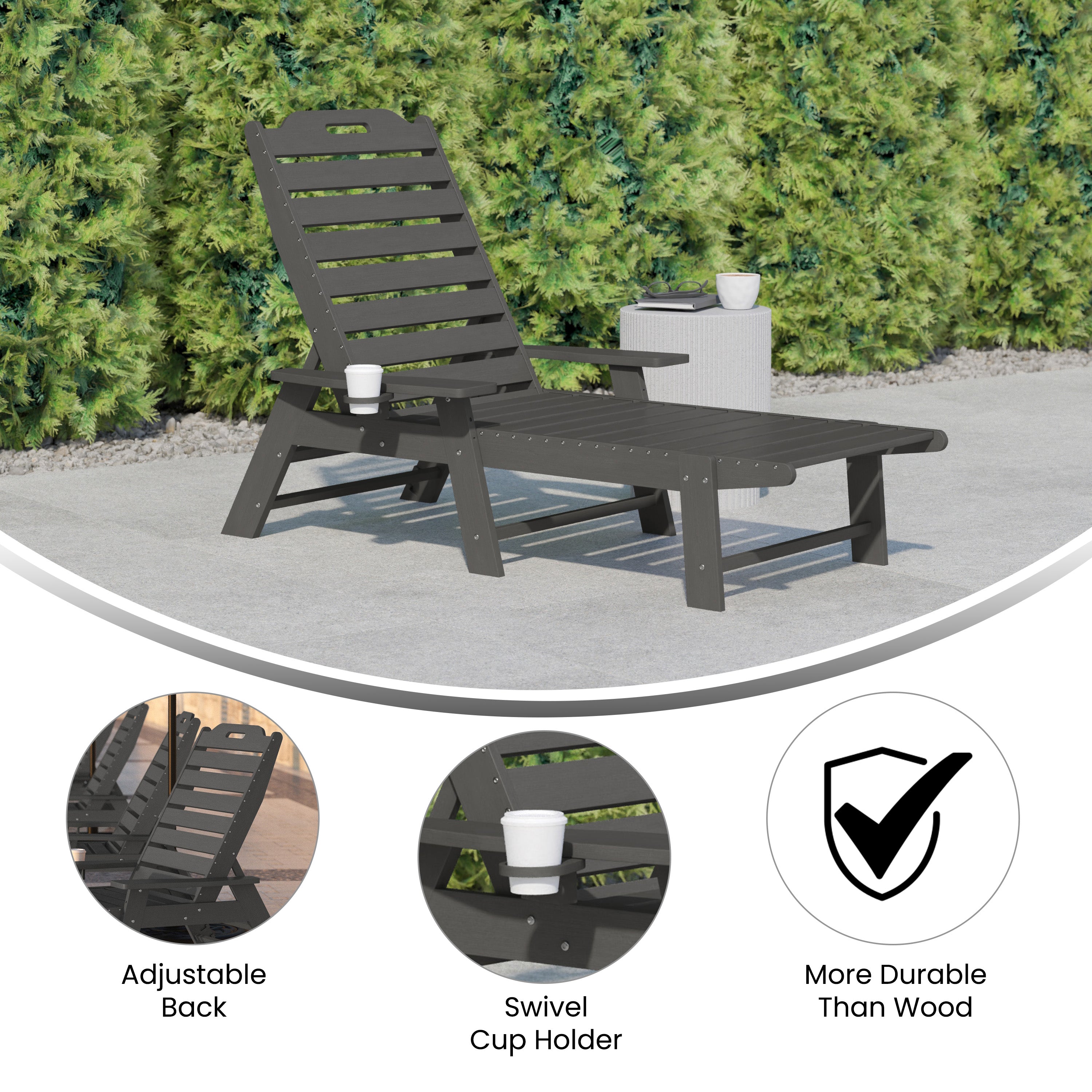 Monterey Adjustable Adirondack Lounger with Cup Holder- All-Weather Indoor/Outdoor HDPE Lounge Chair in Gray