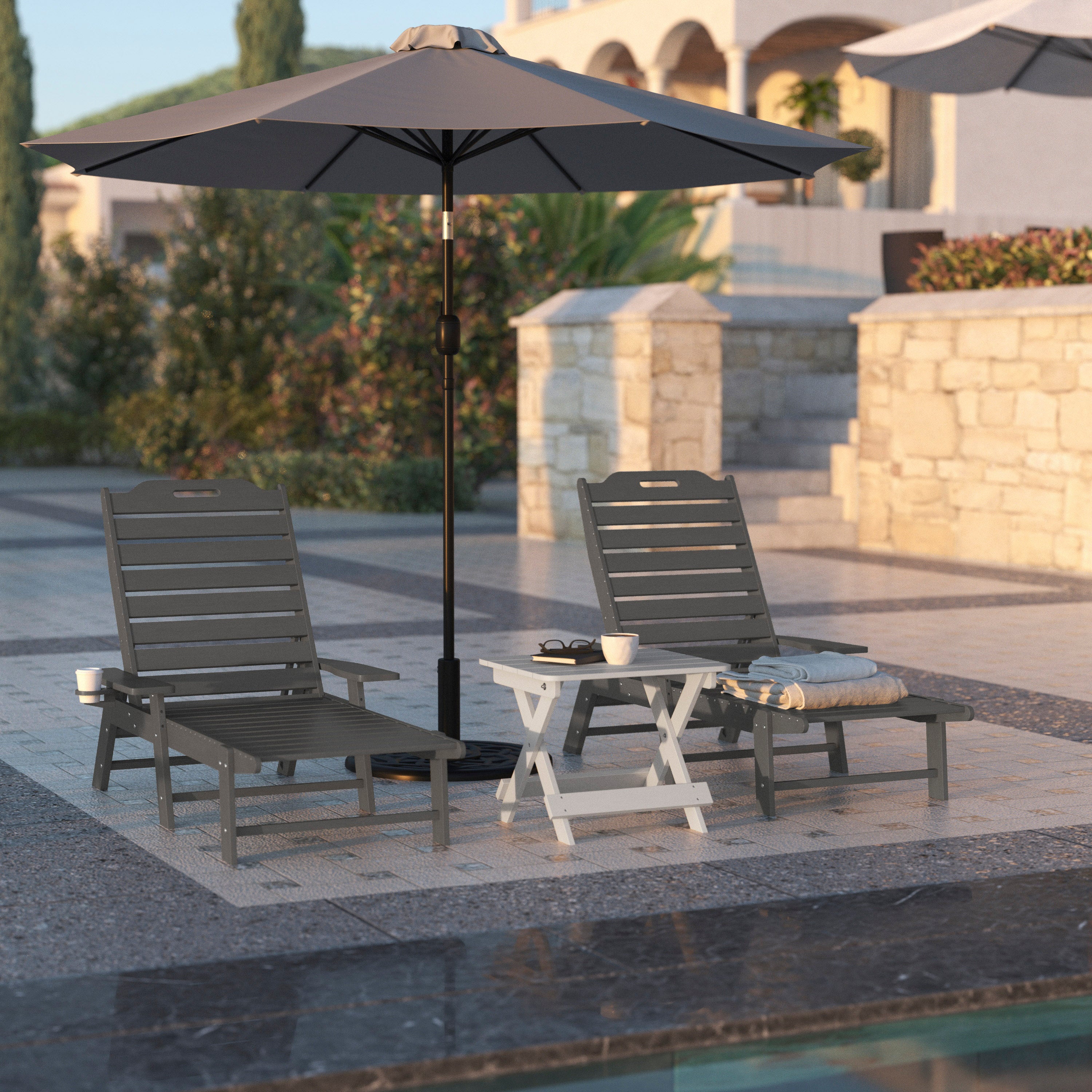 Monterey Adjustable Adirondack Lounger with Cup Holder- All-Weather Indoor/Outdoor HDPE Lounge Chair in Gray