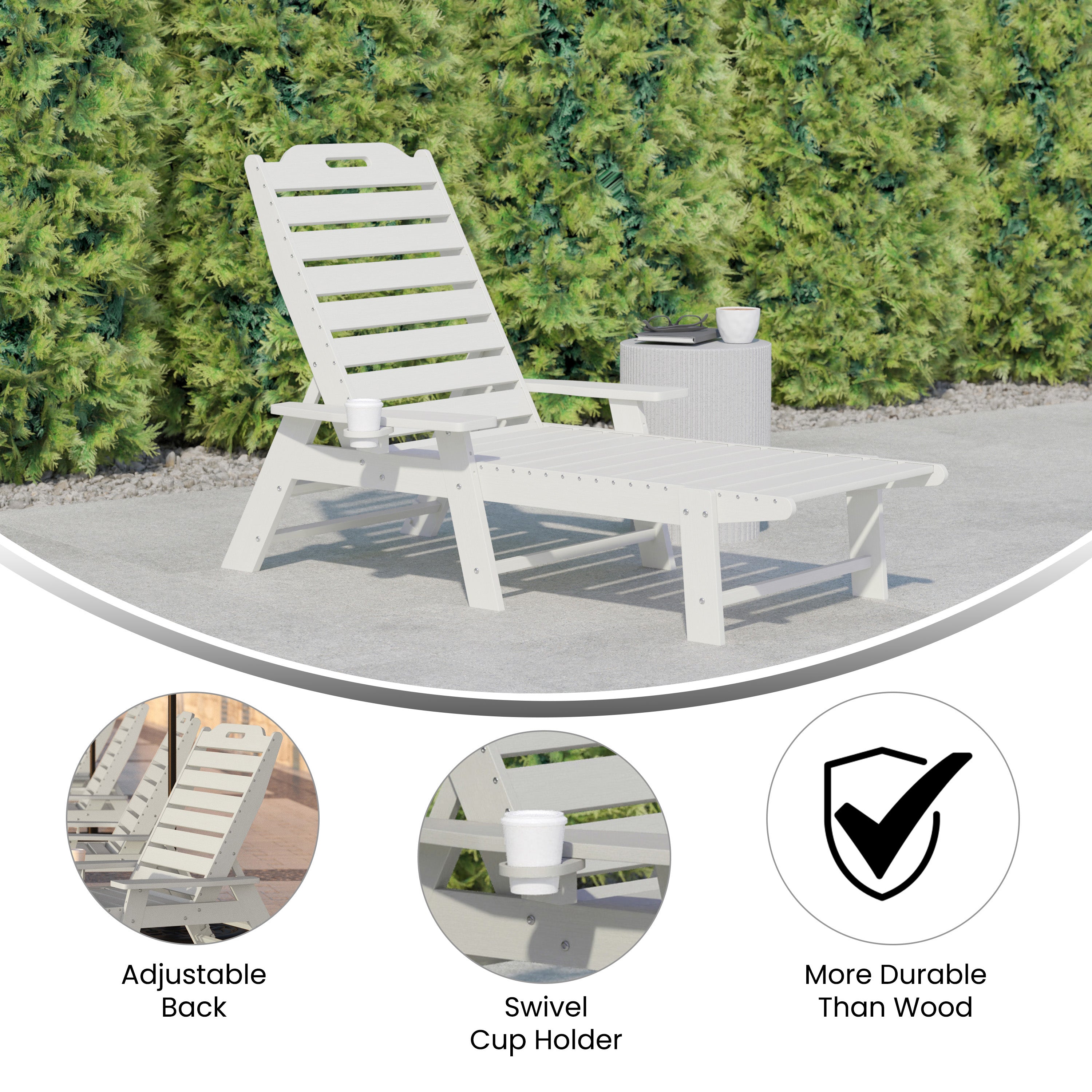 Monterey Adjustable Adirondack Lounger with Cup Holder- All-Weather Indoor/Outdoor HDPE Lounge Chair in White