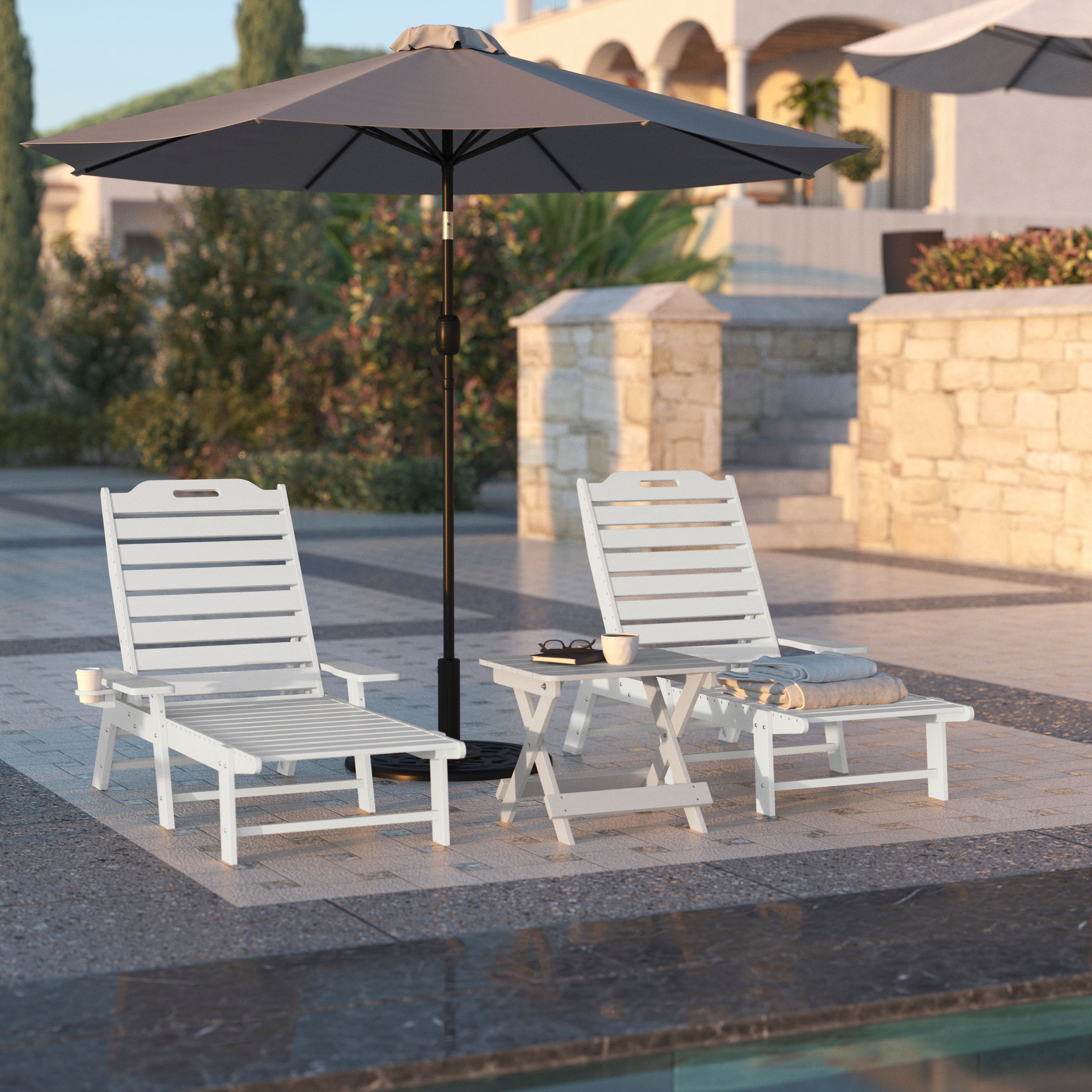 Monterey Adjustable Adirondack Lounger with Cup Holder- All-Weather Indoor/Outdoor HDPE Lounge Chair in White