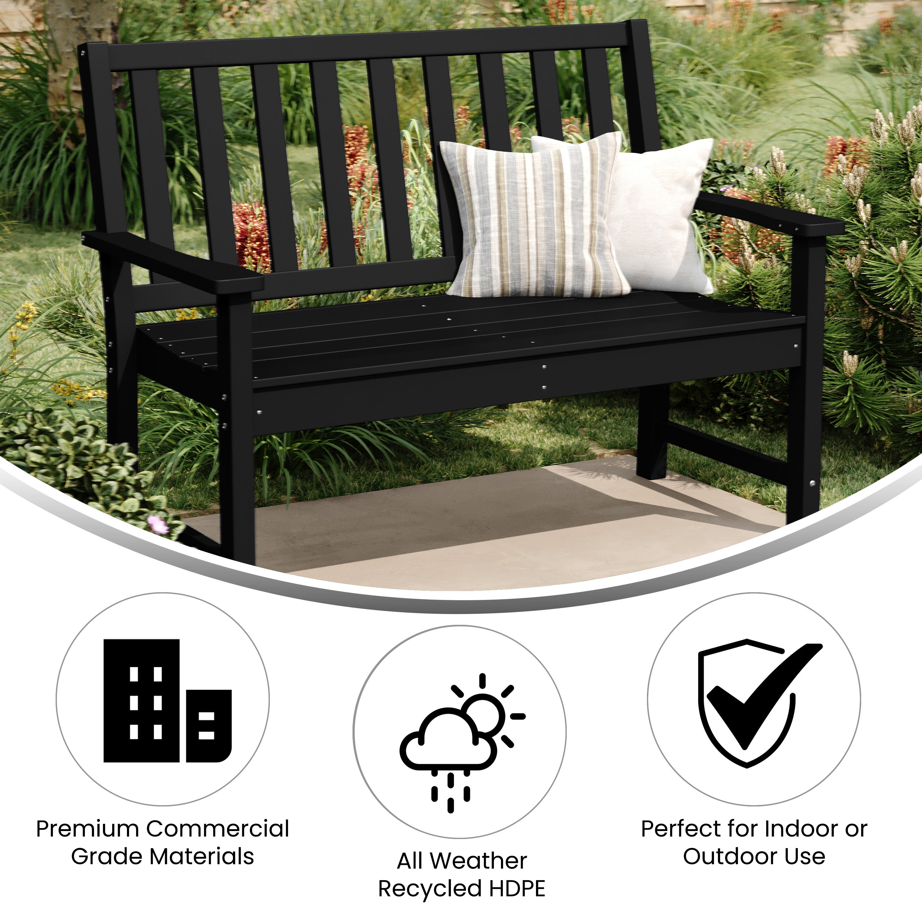 Ellsworth Commercial Grade 50" All Weather Indoor/Outdoor Recycled HDPE Bench with Contoured Seat in Black
