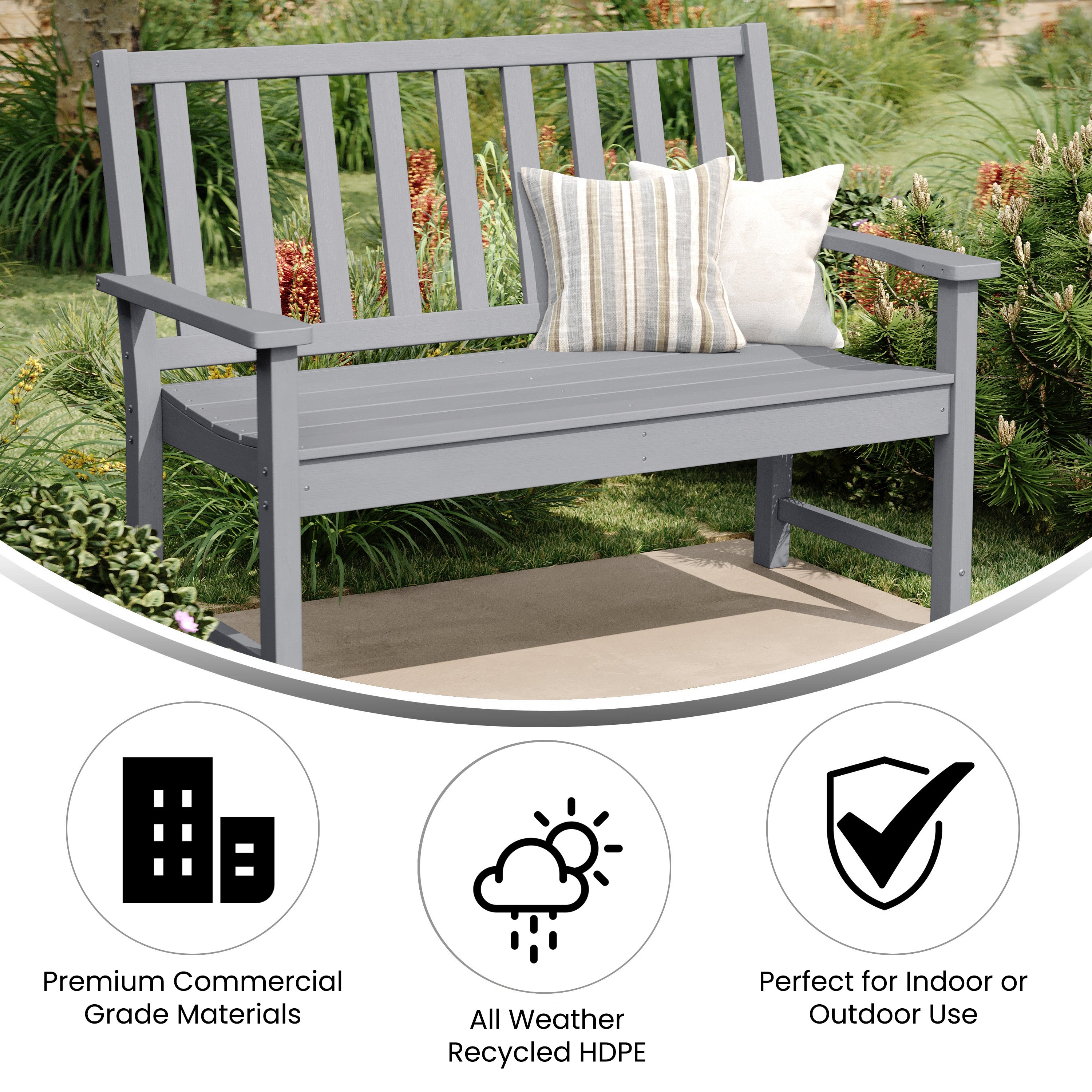 Ellsworth Commercial Grade 50" All Weather Indoor/Outdoor Recycled HDPE Bench with Contoured Seat in Gray