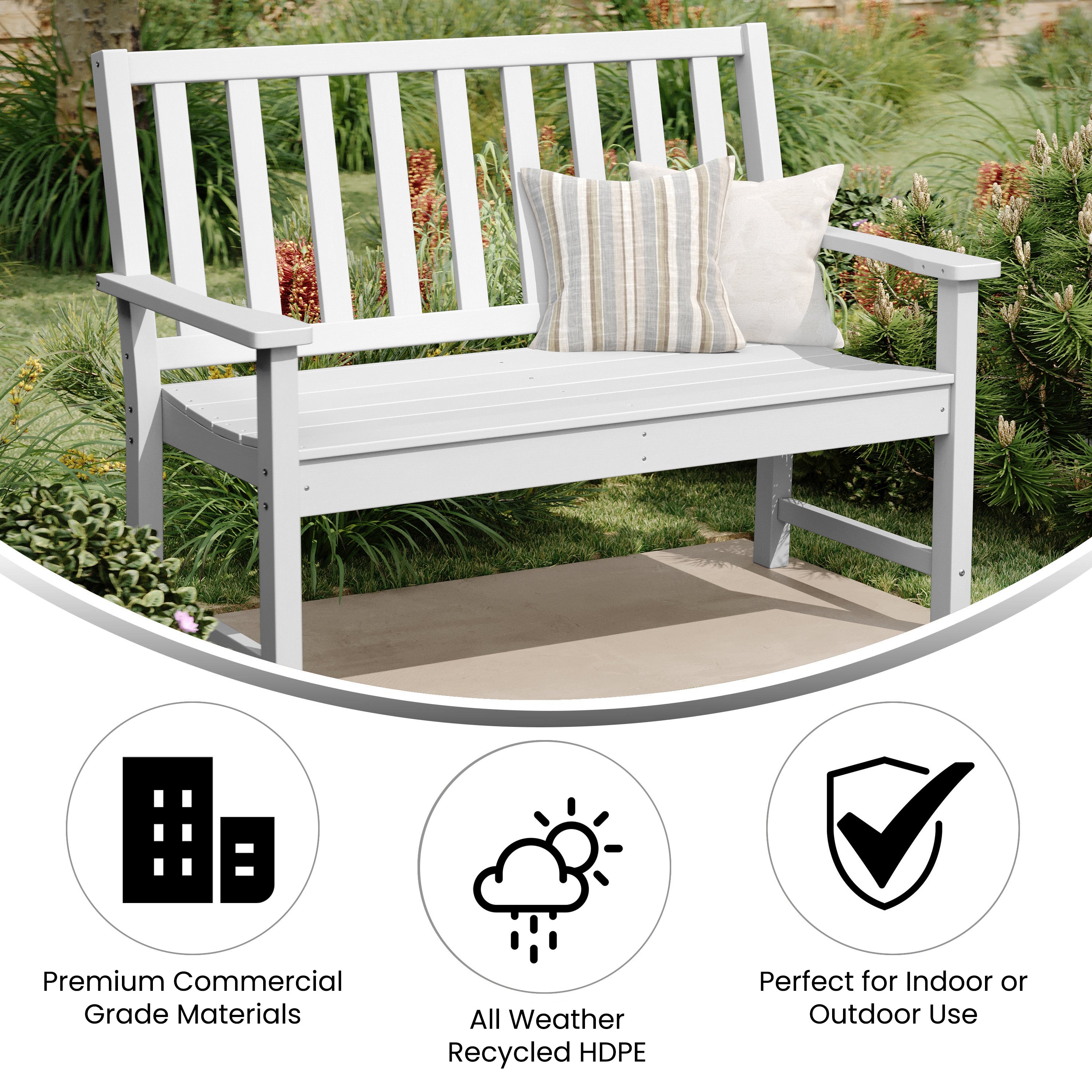 Ellsworth Commercial Grade 50" All Weather Indoor/Outdoor Recycled HDPE Bench with Contoured Seat in White