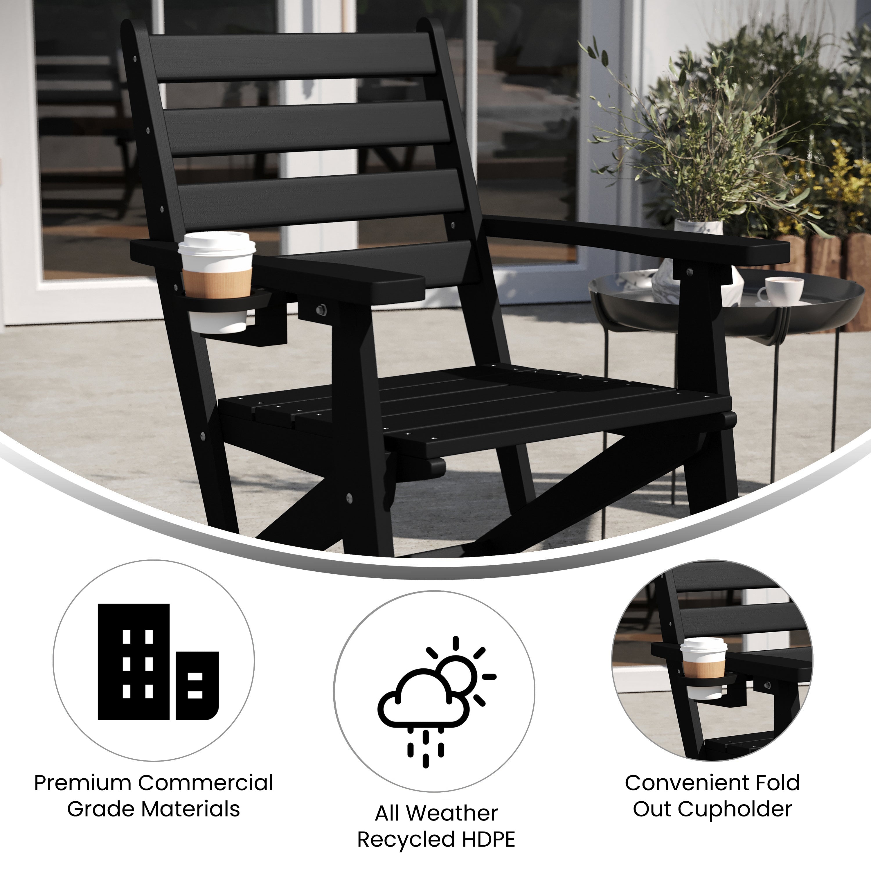 Tolleson Commercial Grade Adirondack Dining Chair with Fold Out Cup Holder, Weather Resistant Recycled HDPE Adirondack Chair in Black