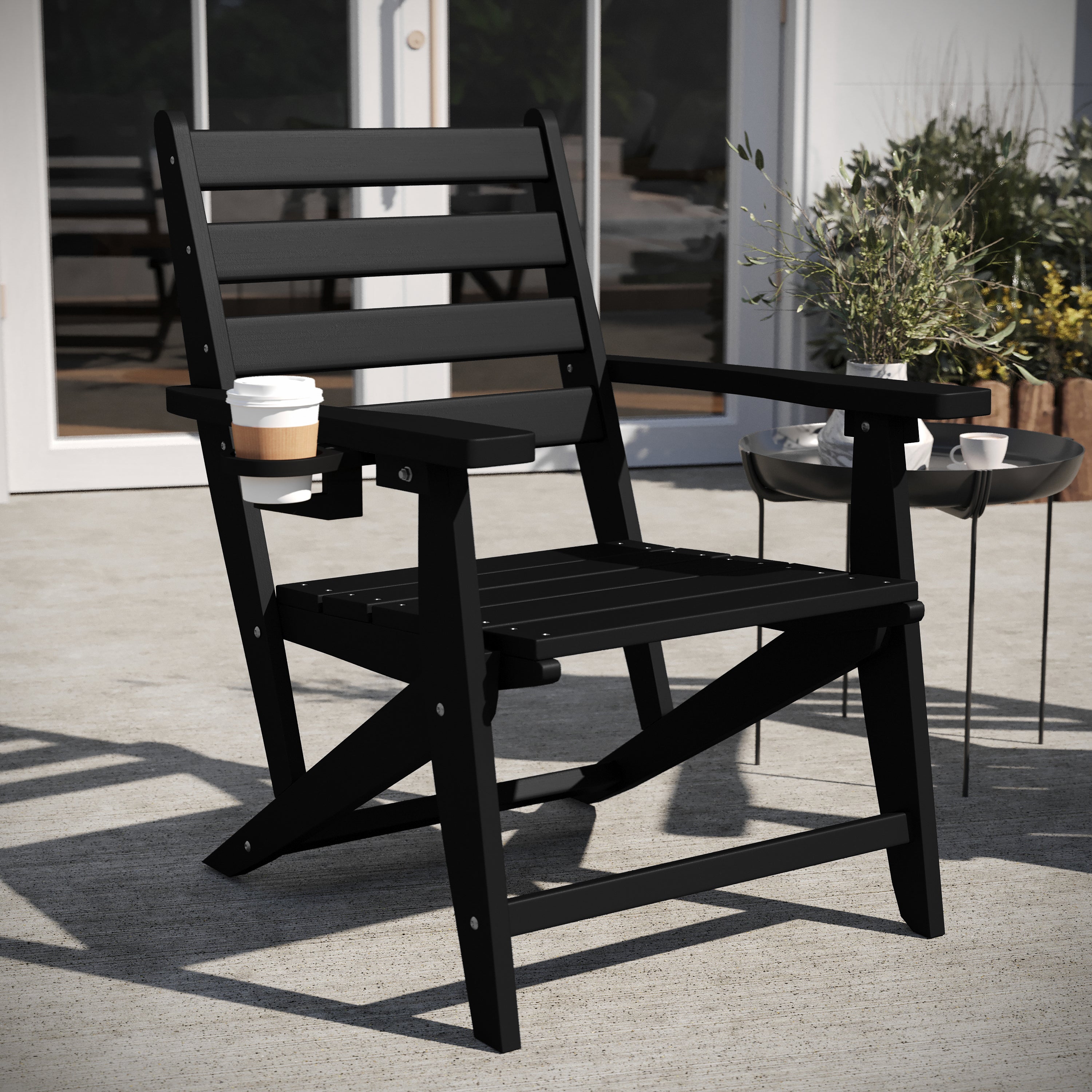 Tolleson Commercial Grade Adirondack Dining Chair with Fold Out Cup Holder, Weather Resistant Recycled HDPE Adirondack Chair in Black