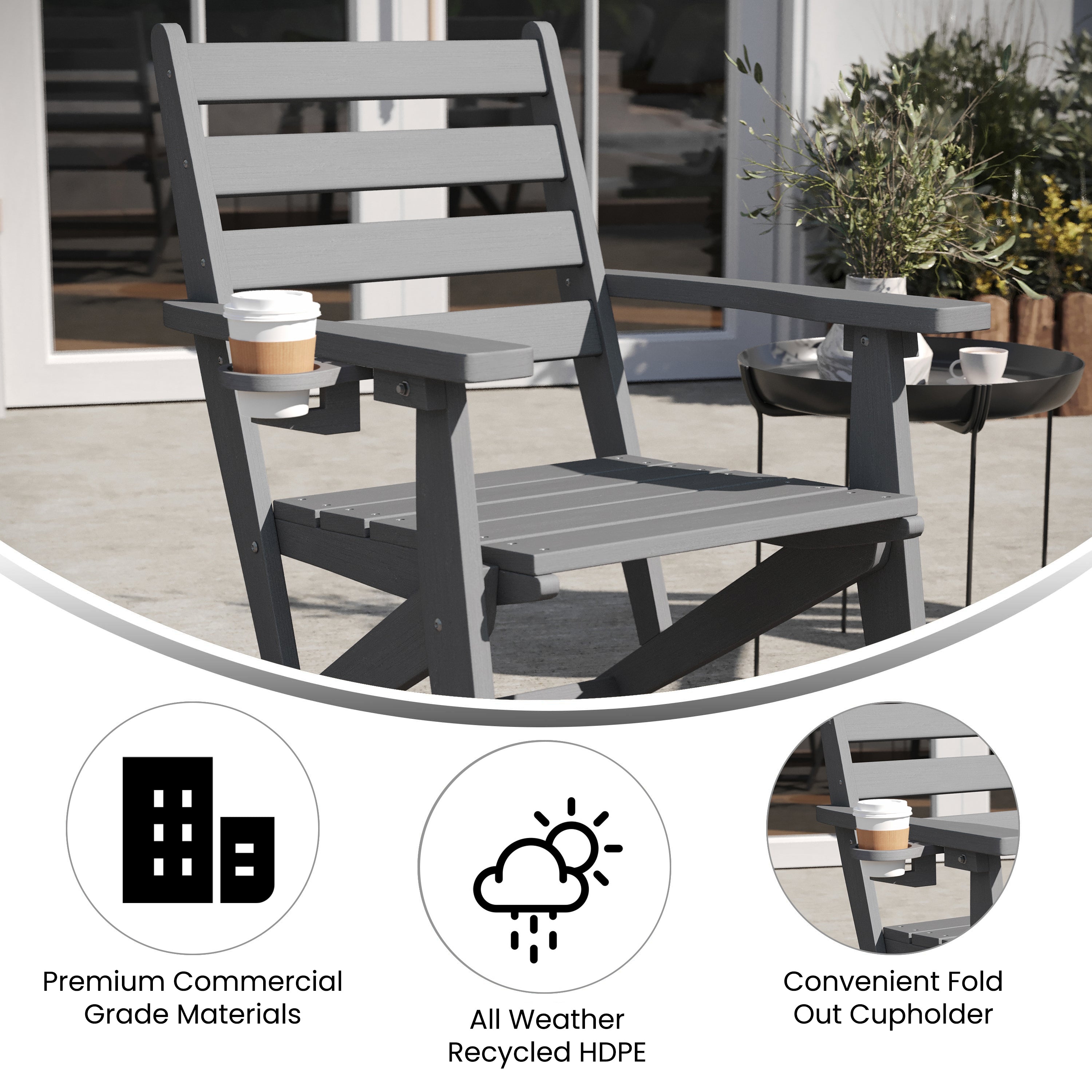 Tolleson Commercial Grade Adirondack Dining Chair with Fold Out Cup Holder, Weather Resistant Recycled HDPE Adirondack Chair in Gray