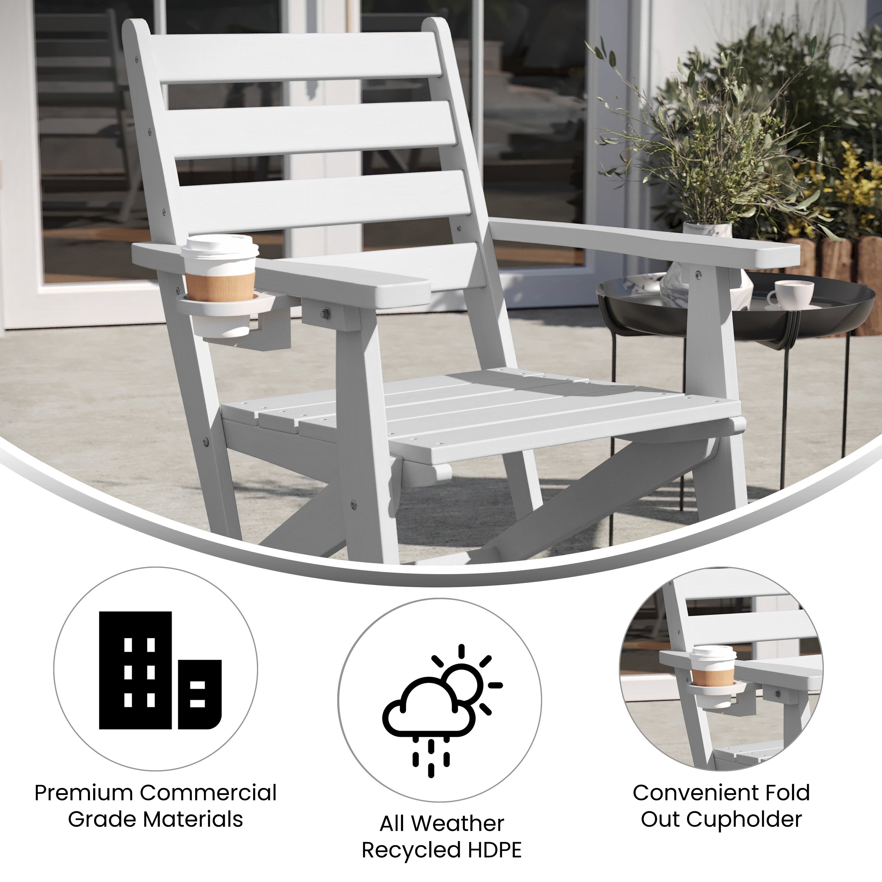 Tolleson Commercial Grade Adirondack Dining Chair with Fold Out Cup Holder, Weather Resistant Recycled HDPE Adirondack Chair in White