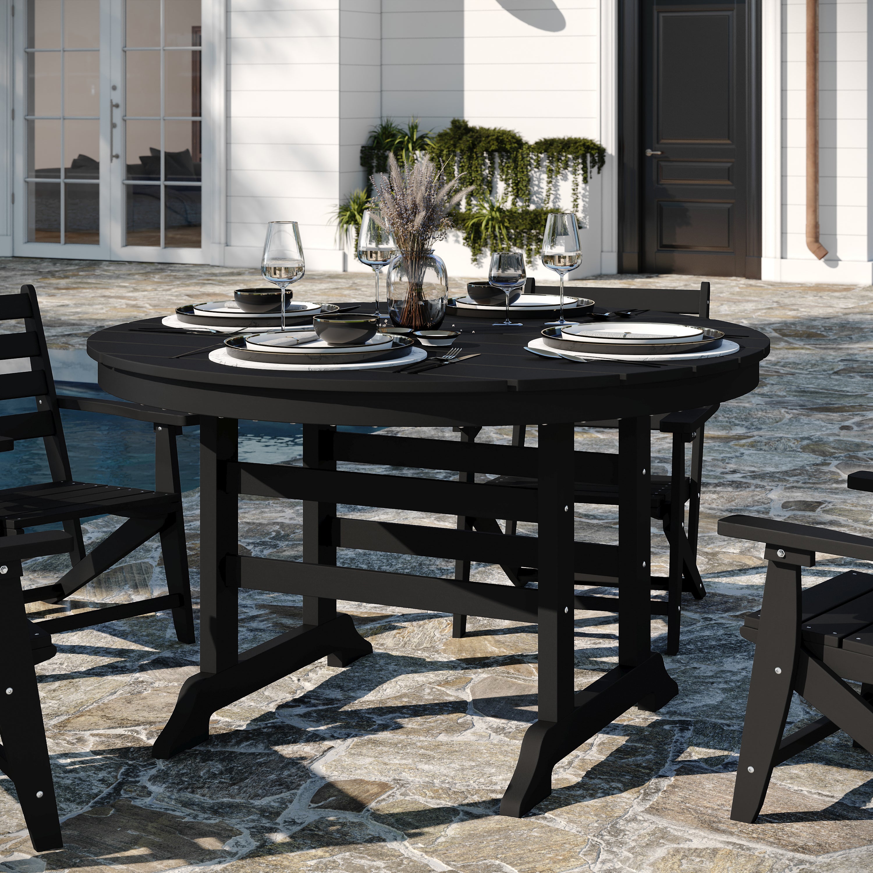 Colonel Commercial Grade Indoor/Outdoor 48" Round Recycled HDPE Adirondack Dining Table for 4 in Black