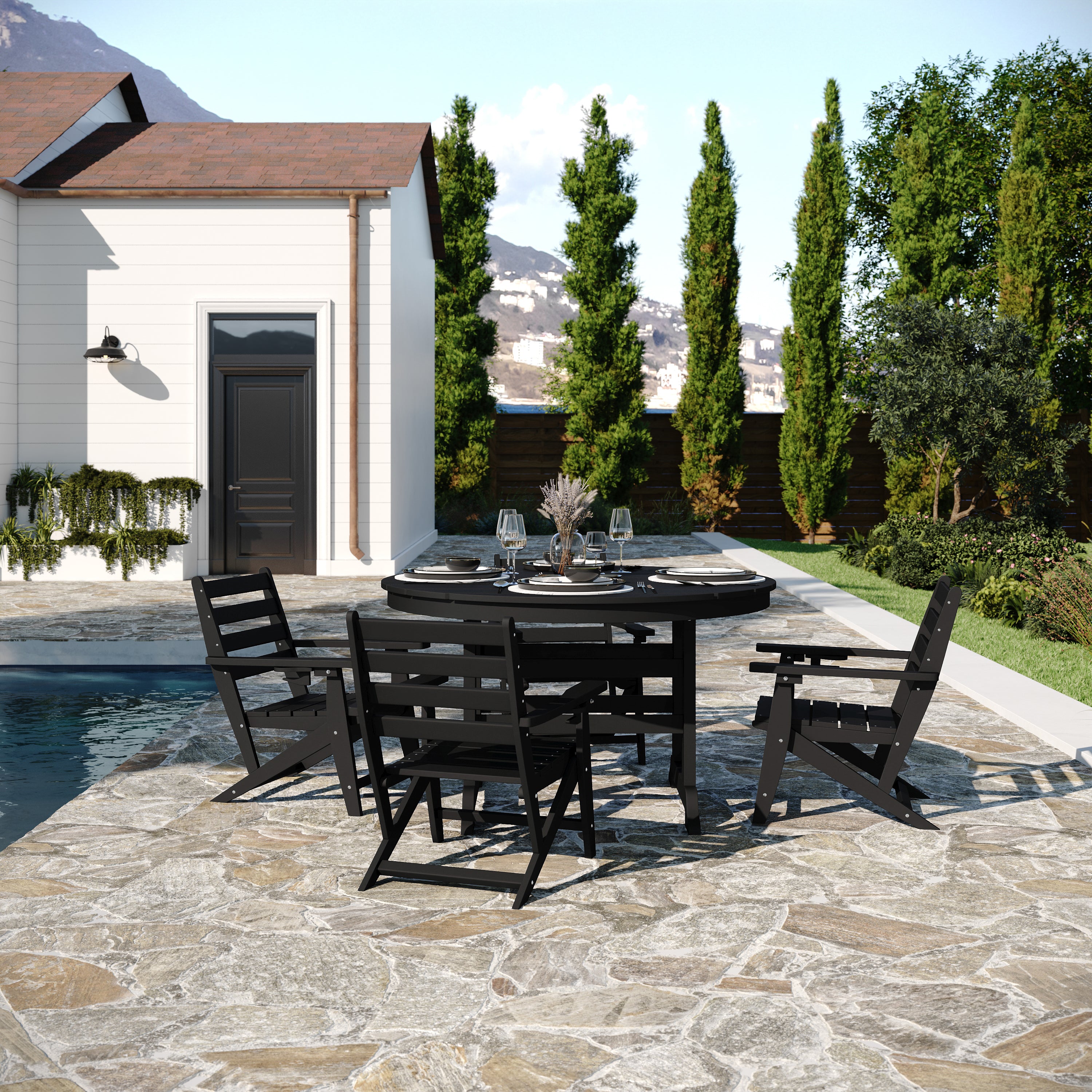 Colonel Commercial Grade Indoor/Outdoor 48" Round Recycled HDPE Adirondack Dining Table for 4 in Black