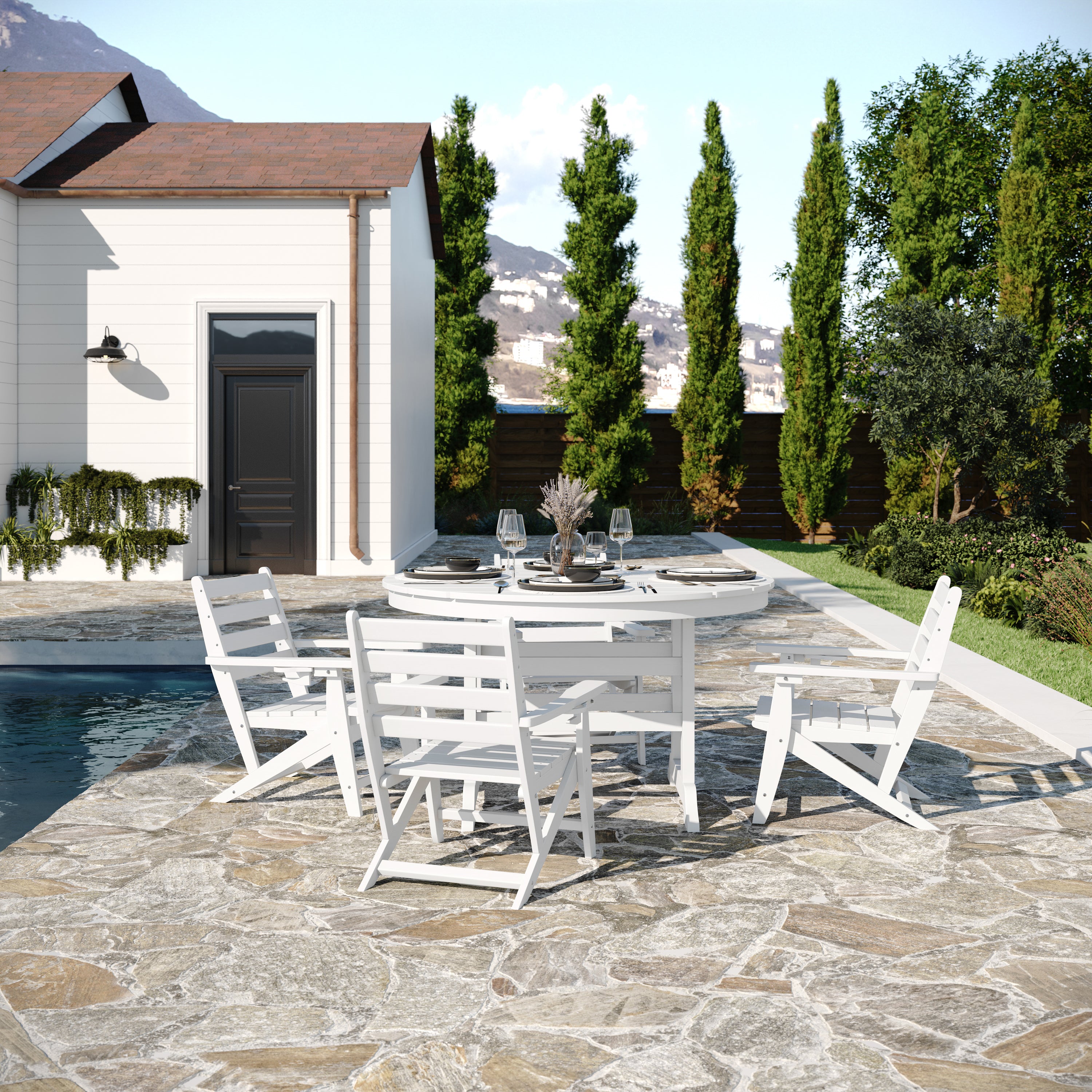 Colonel Commercial Grade Indoor/Outdoor 48" Round Recycled HDPE Adirondack Dining Table for 4 in White